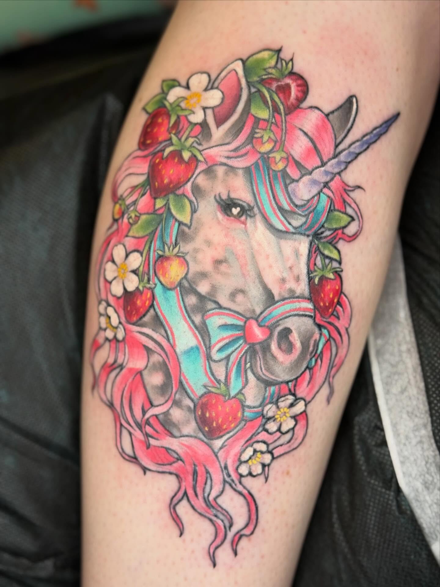 A little strawberry unicorn from my flash for Emma&rsquo;s first tattoo ✨💕🍓🌸 lines healed, color fresh 🌈
.
.
.
.
#unicorntattoo #ladytattooers #aztattooers #phoenixtattooers #tattoosnob