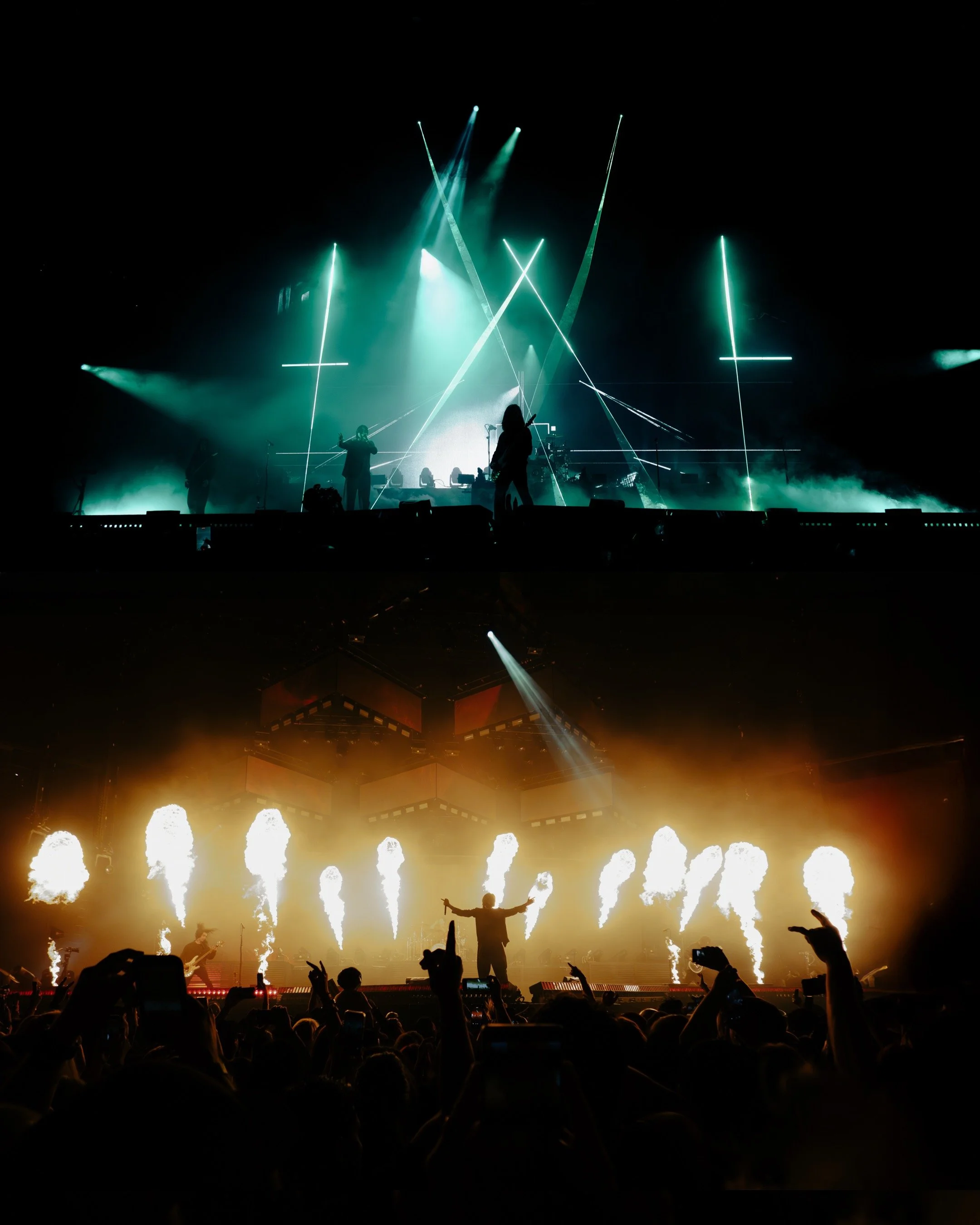 Bad Omens in San Fransisco California by concert photographer Lexi Lovelace. A band performing with green laser lights and fog, the bottom depicts a performer with arms outstretched amid pyrotechnics and a crowd.