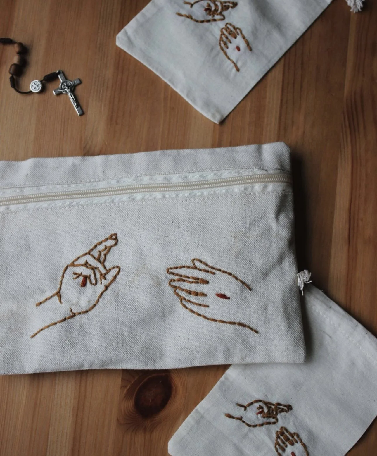 “Sacred Heart Pouches”, Embroidery on Canvas Pouch, 5”x7”, 2023