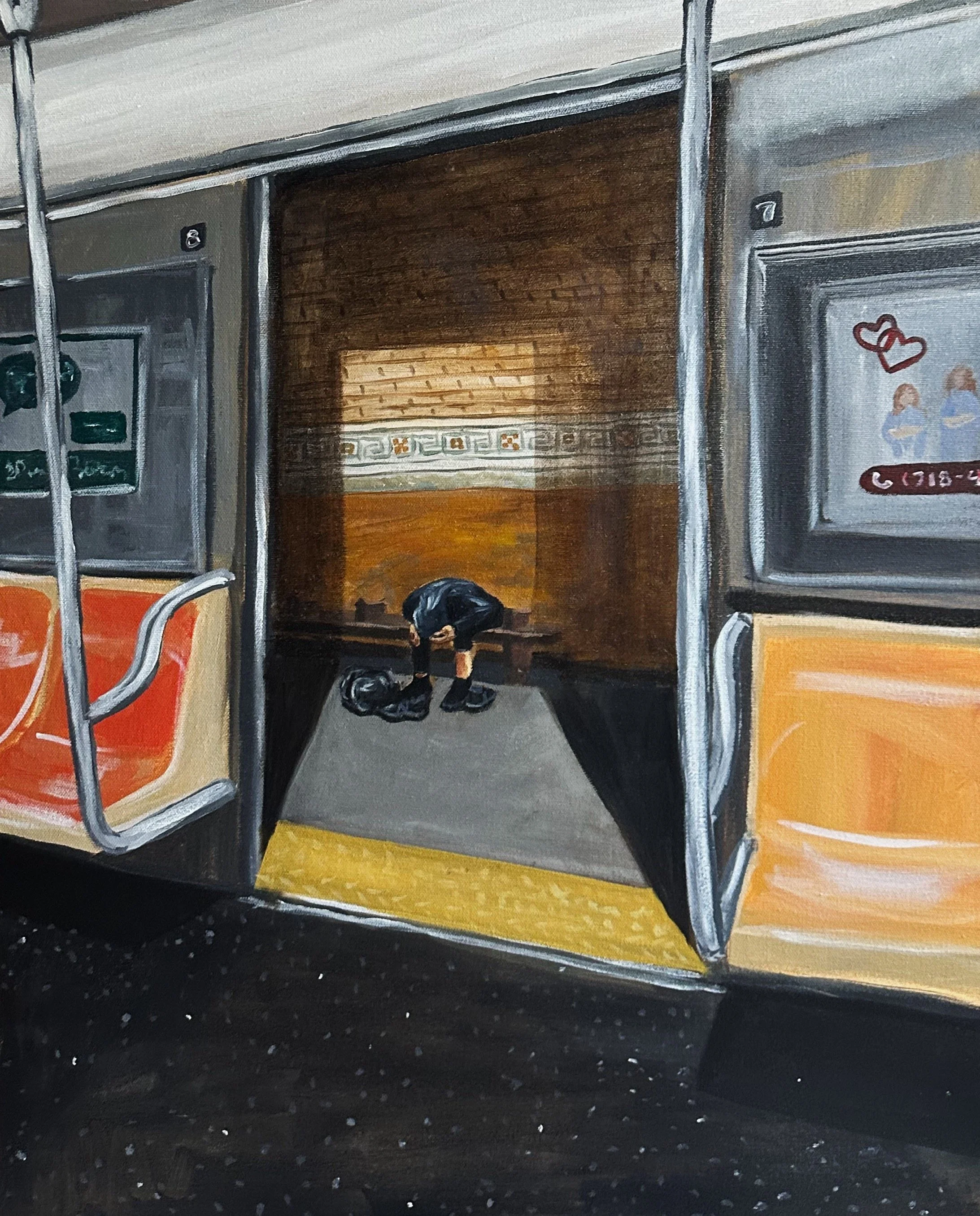 “Stand Clear of the Closing Doors, Please”, Acrylic on Canvas, 18”x24”, 2024