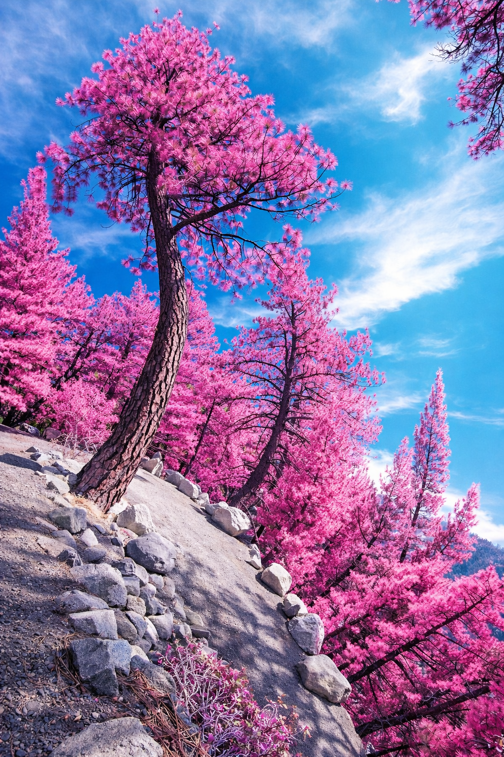 surreal trees with pink leaves