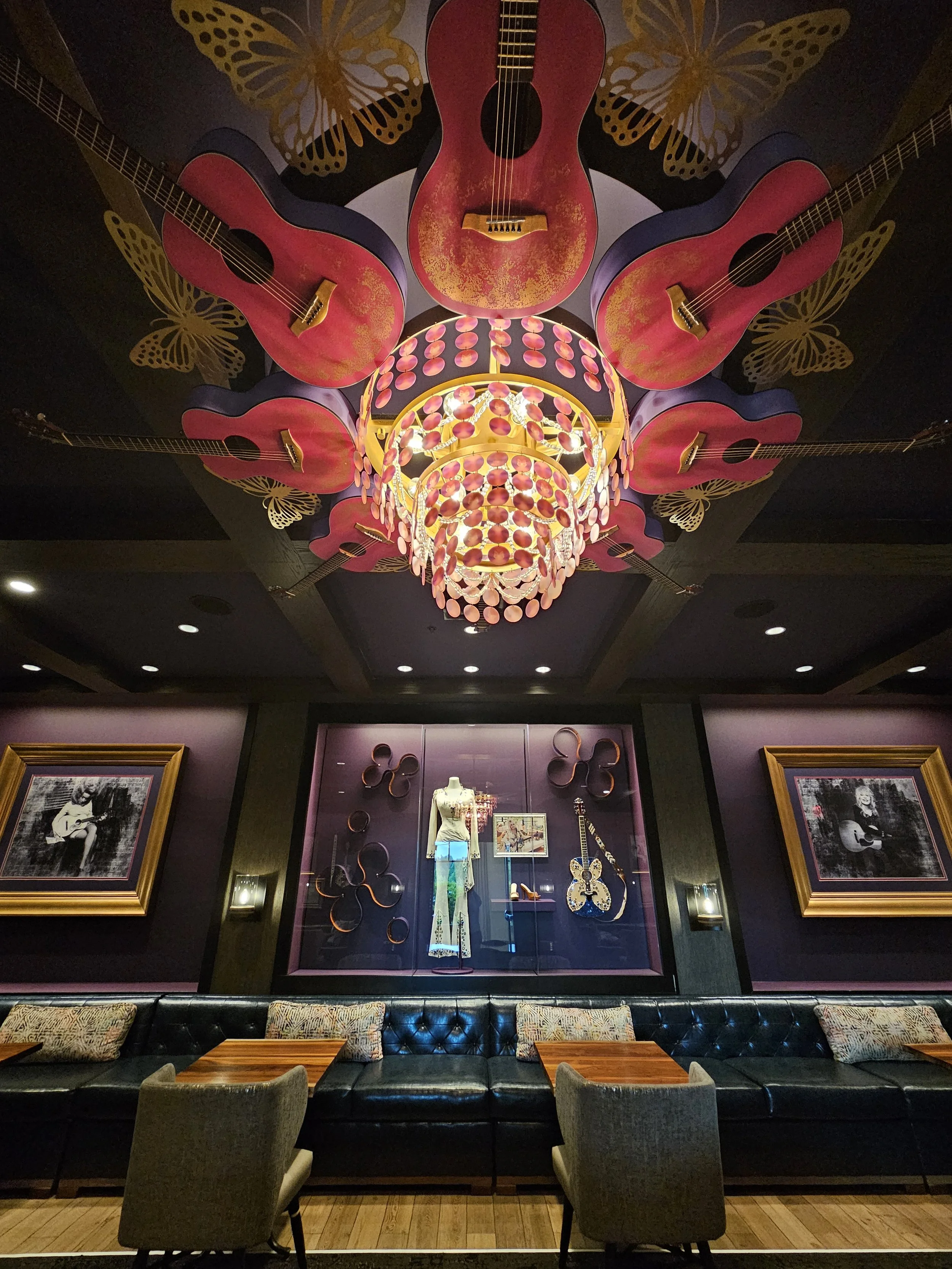 hotel interior with guitar chandelier