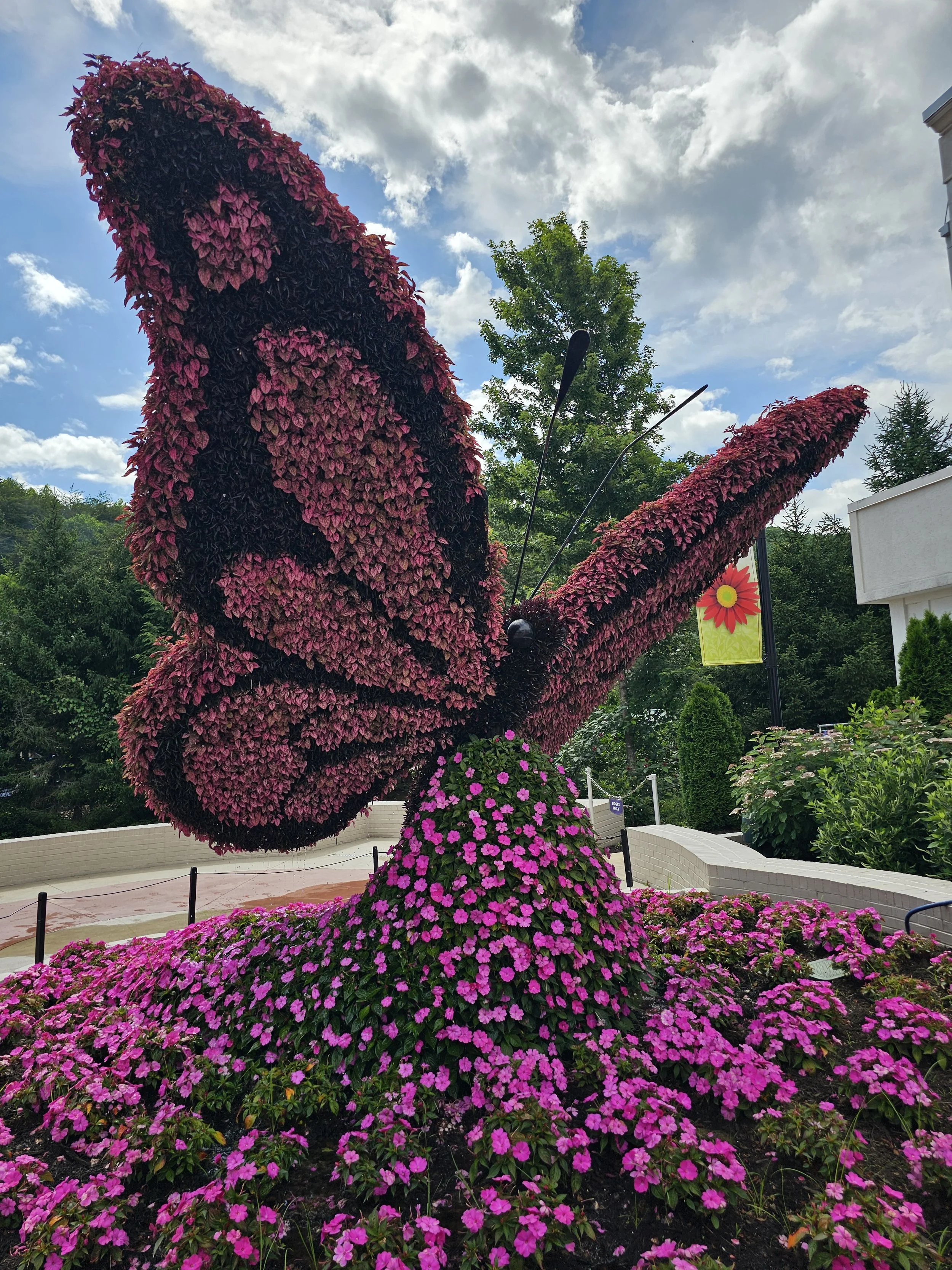 a butterfly topiary with a grey sky