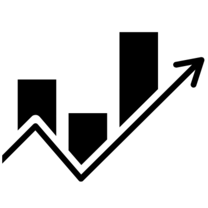 A black and white graphical chart showing increasing bar heights with an upward trending arrow.