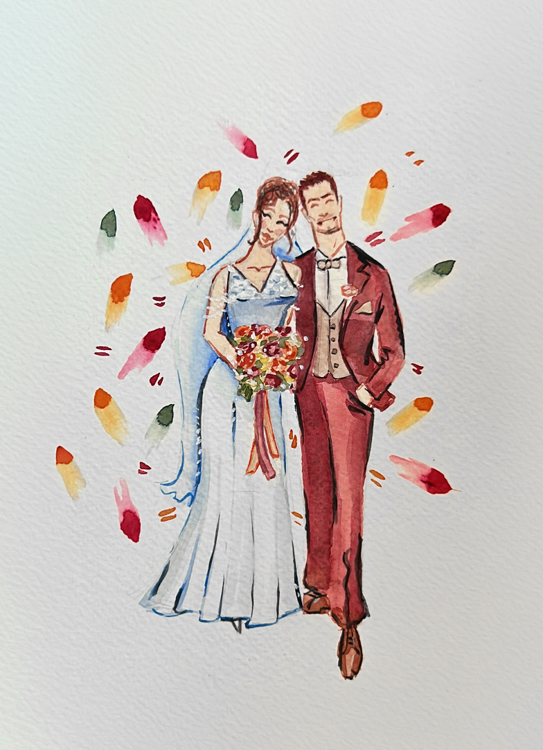 Watercolor illustration of a smiling bride and groom standing together, holding a bouquet, with colorful confetti around them, celebrating their wedding.