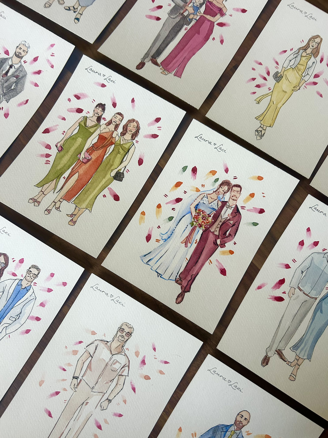 Collection of watercolor illustrations of people in various elegant and casual outfits, surrounded by fall-colored leaves, with the signature 'Laura & Laci' on each.