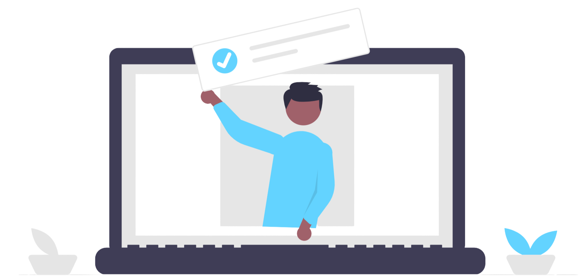 An illustration of a person on a laptop screen holding a checklist with a checkmark, symbolizing completing a task or achieving a goal remotely.