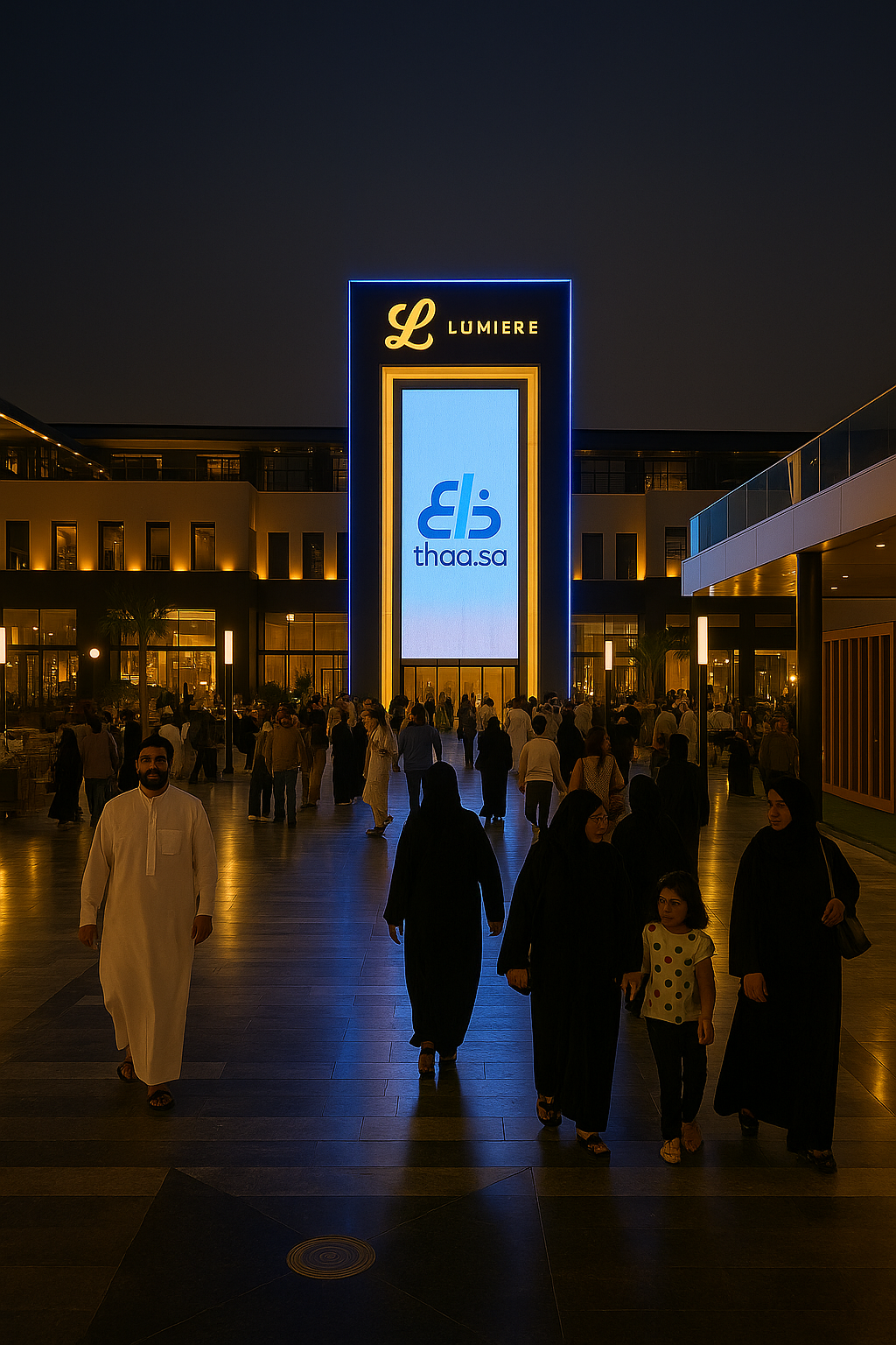 Nighttime scene of a shopping mall exterior with lit signage reading "LUMIERE" and