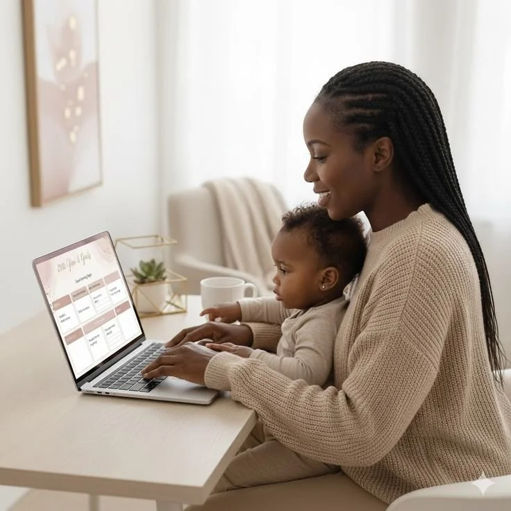 A woman with braided hair and a young girl using a laptop at a desk in a bright room.