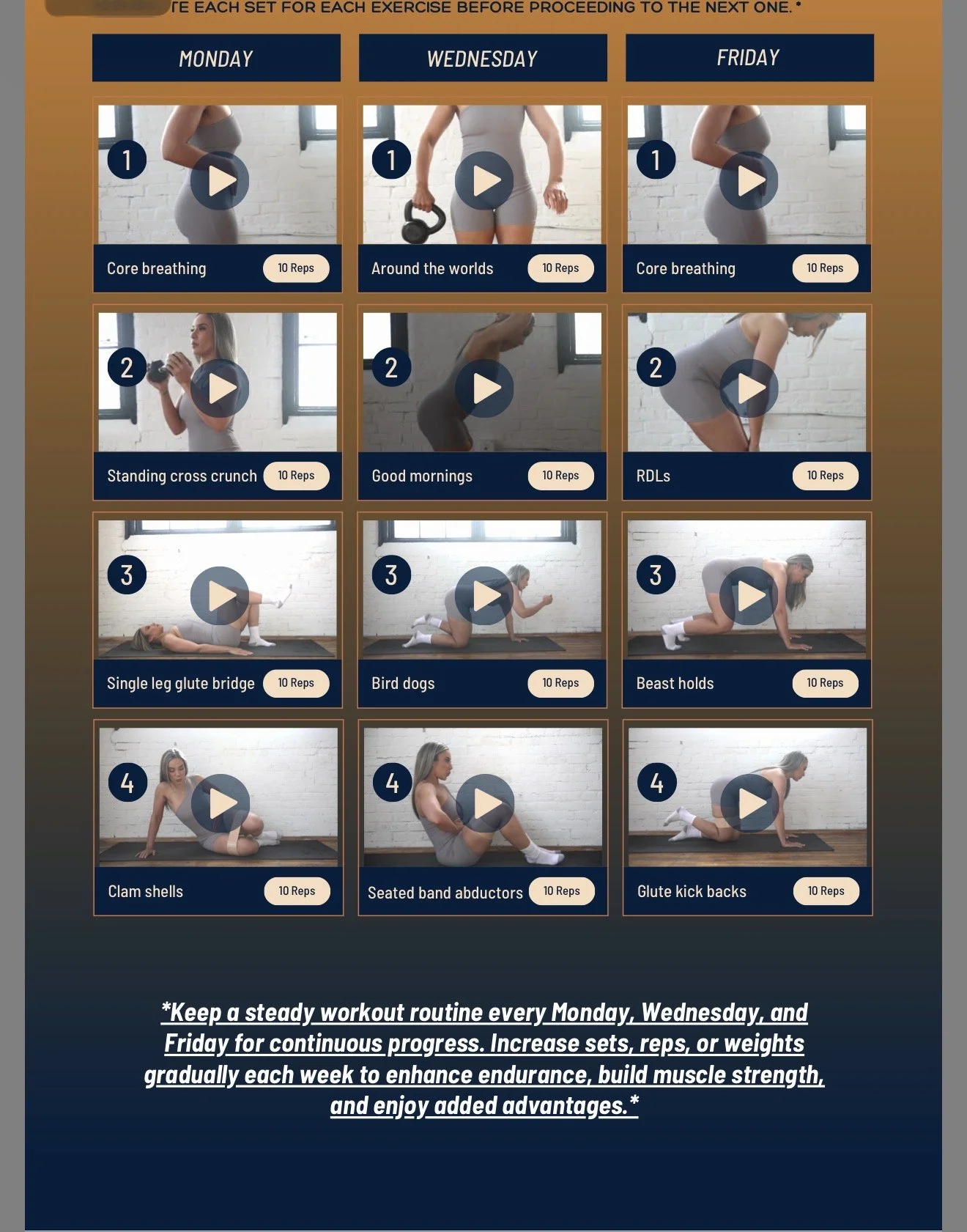 FIT MAMA - 8 WEEK CORE & GLUTE AT HOME WORKOUT PROGRAM FOR WOMEN AND MOTHERS - FULL PROGRAM WEEK 5-8 WITH KIANDRA. 
Includes Videos of How To do each workout! 
Be sure to download part 1 for weeks 1-4