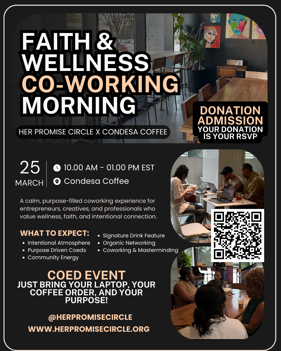 Flyer for a faith and wellness co-working morning event at Condesa Coffee, featuring images of the coffee shop interior, two women chatting, and a group of women posing inside the cafe.