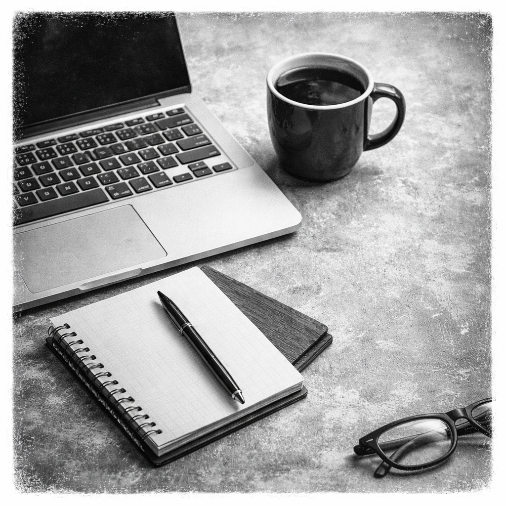 Arbeitsplatz mit Laptop, Kaffeetasse, Notizblock, Kugelschreiber, Brille auf einem Tisch in Schwarz-Weiß
