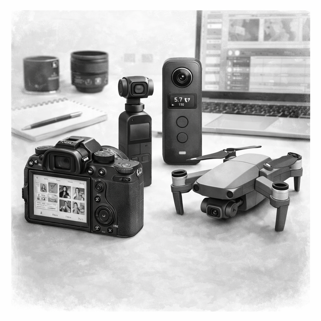 Fotografiestuff und Drohne auf einem Tisch vor einem Laptop, inklusive Kamera, Gimbals, Objektiven, Notizbuch, Stift, und Bildschirm