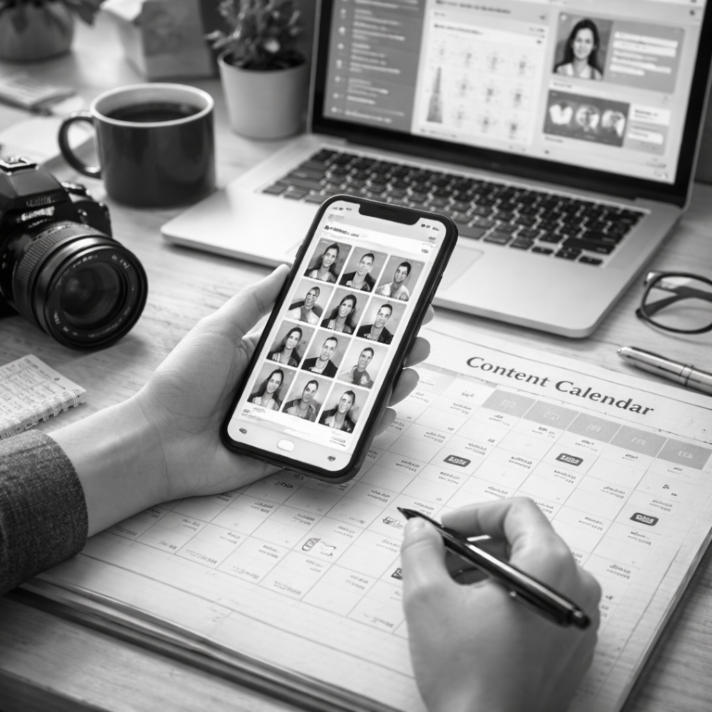 Schreibtisch mit Kamera, Laptop, Smartphone, Content-Kalender, Stift, Kaffeetasse, Notizbuch, Brille, und Pflanze, auf dem der Nutzer Fotos auf dem Handy wählt.