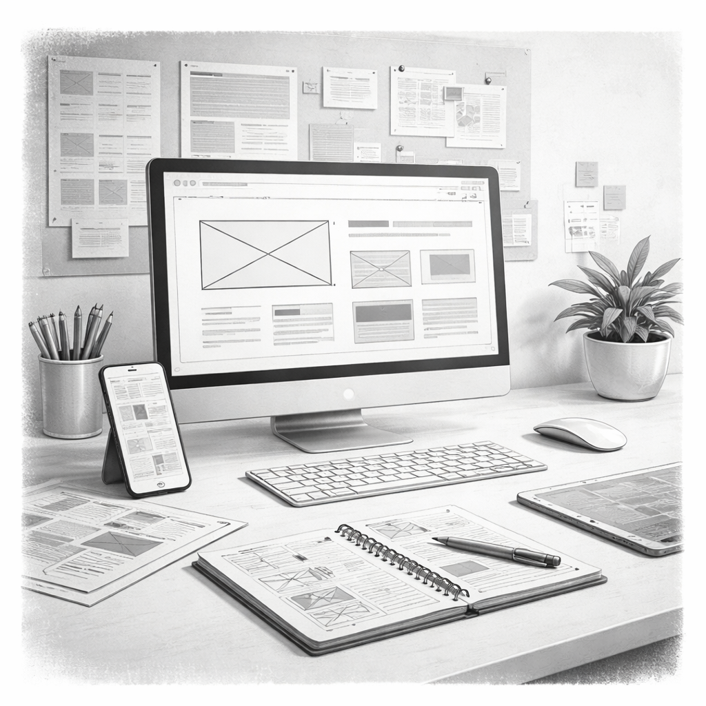 Ein moderner Büroarbeitsplatz mit einem Desktop-Computer, einem Smartphone, einem Tablet, Büromaterialien, Notizbüchern und einer Pflanze auf einem Schreibtisch, im Hintergrund eine Pinnwand mit Dokumenten.