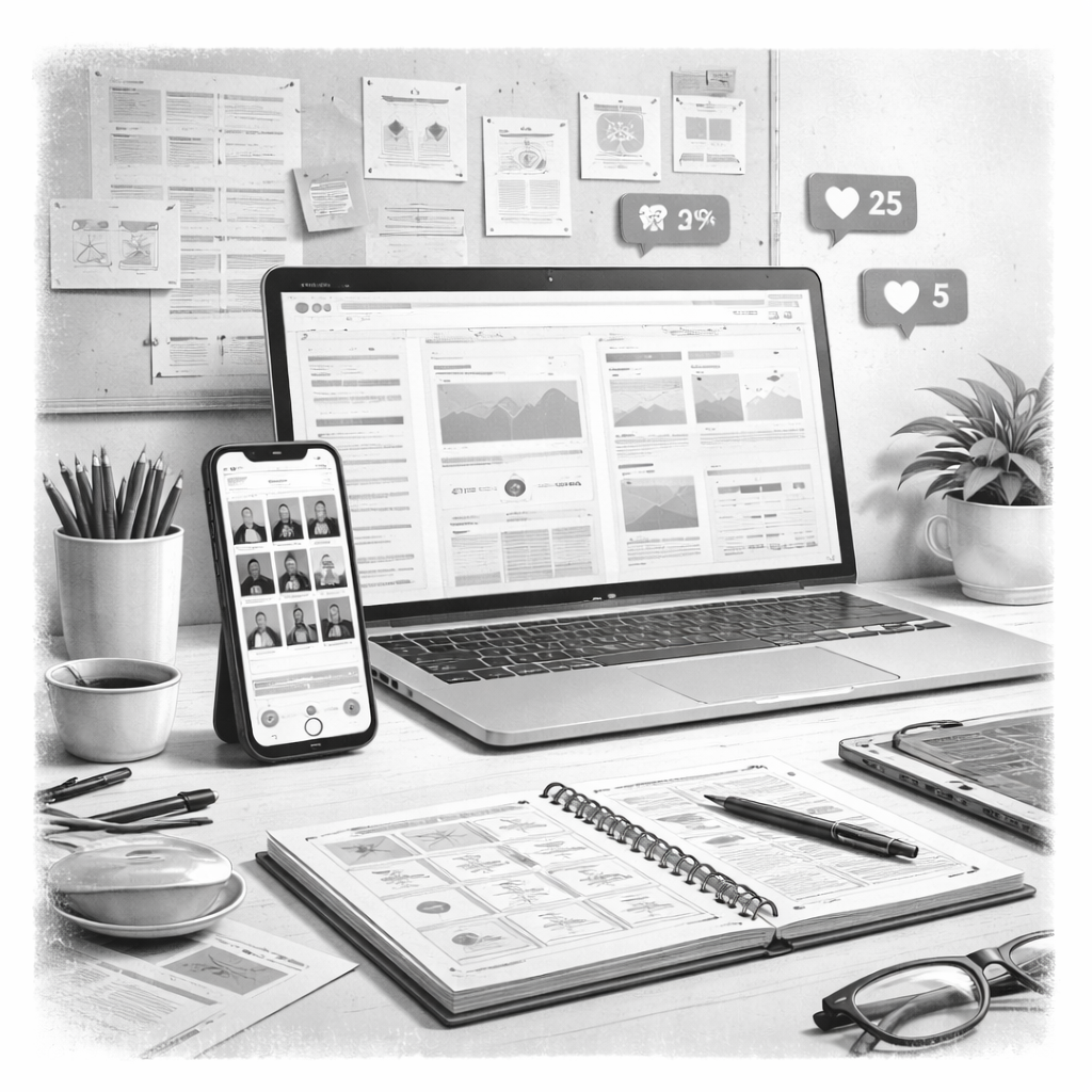 Arbeitsplatz mit Laptop, Smartphone, aufgeklapptem Notizbuch, Drucker und Stiften auf einem Schreibtisch, an der Wand zahlreiche Notizen und Diagramme, sowie Social-Media-Icons mit Likes und Kommentaren.