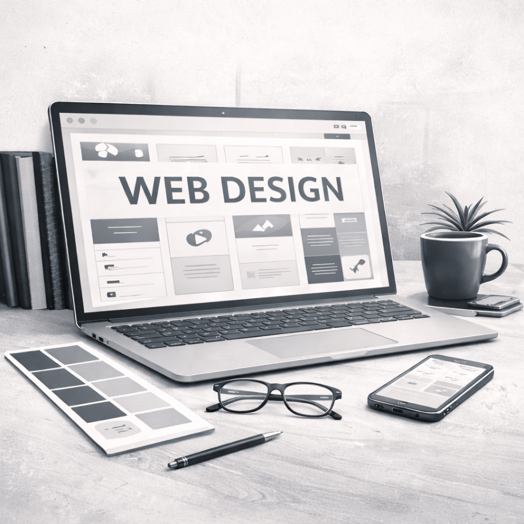 Ein Laptop zeigt eine Webseite mit dem Titel 'Web Design', umgeben von Brille, Smartphone, Farbfächer, Stift, Kaffeetasse, Pflanzen, Bücher und Notizblock auf einem Schreibtisch.