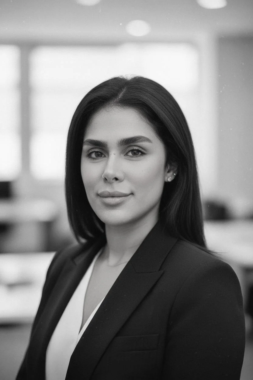 Schwarz-Weiß-Porträt einer jungen Frau mit dunklem, geradem Haar, die eine schwarze Blazer trägt, in einem Büro mit großen Fenstern im Hintergrund.