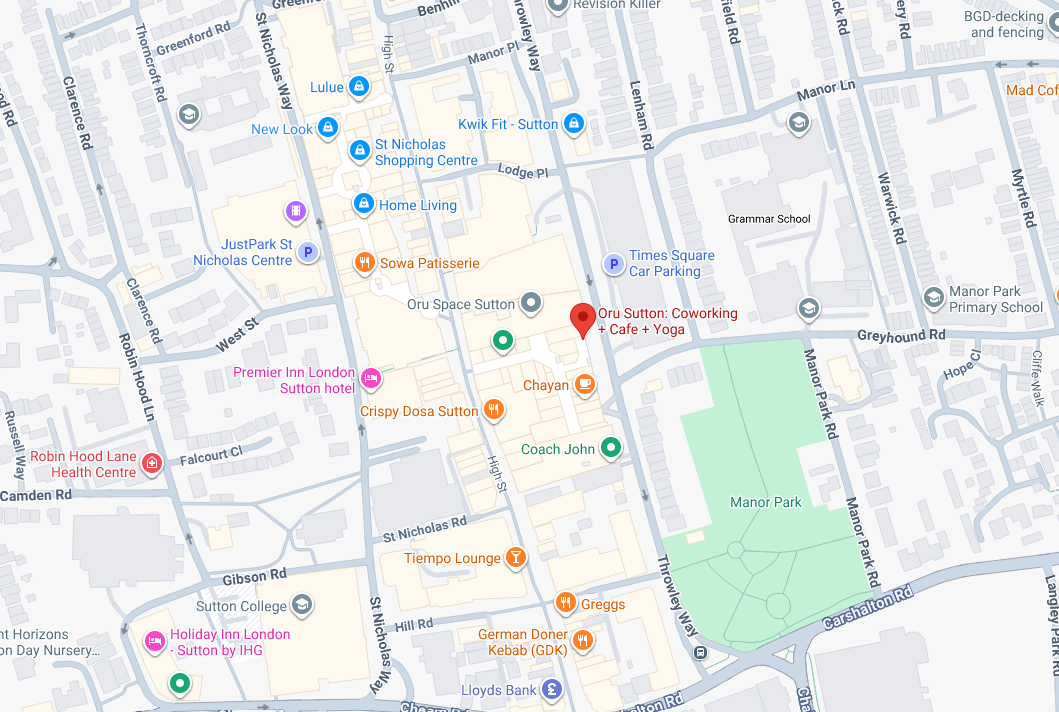 Map showing streets, businesses, parks, and landmarks in Sutton, including Oru Sutton coworking space, Manor Park, cafes, restaurants, and hotels.