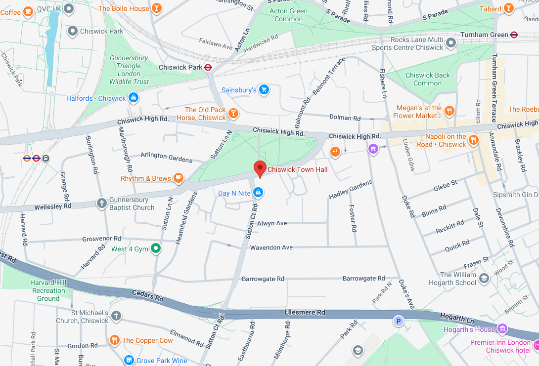 Map of Chiswick, London showing locations such as Chiswick Town Hall, Chiswick Park, and various restaurants, shops, and parks.