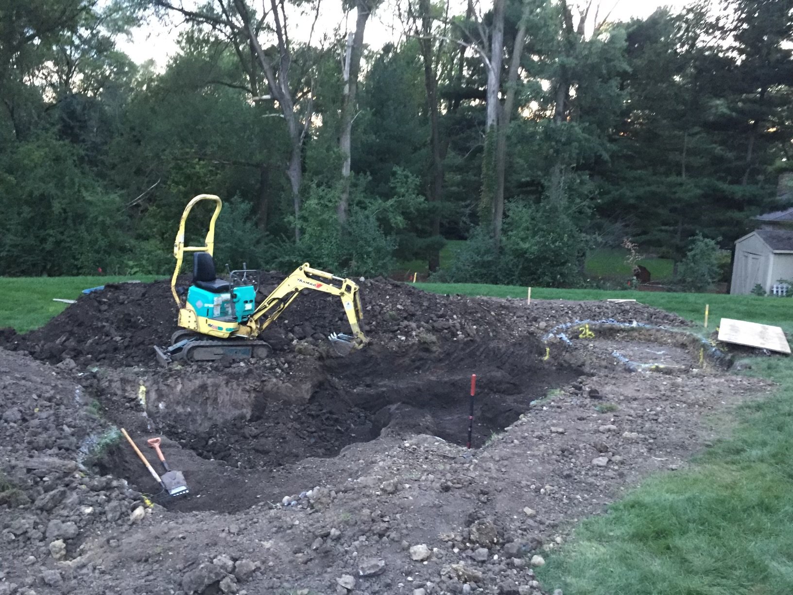 Small excavator digging a hole in a dirt area with trees and grass in the background.