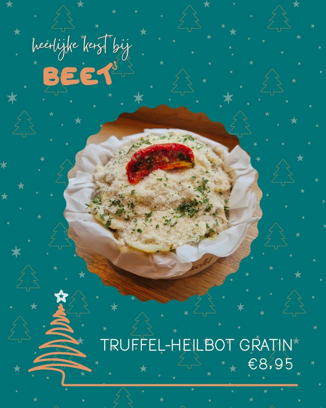 🎄 Kerstinspiratie bij Beet: Truffel-heilbot gratin. Het ziet er niet alleen feestelijk uit, maar zo smaakt hij ook! Wat groenten, verse heilbotfilet en een aardappelgratin met truffel, Parmezaanse kaas en een zongedroogd tomaatje. 25 minuten in de o