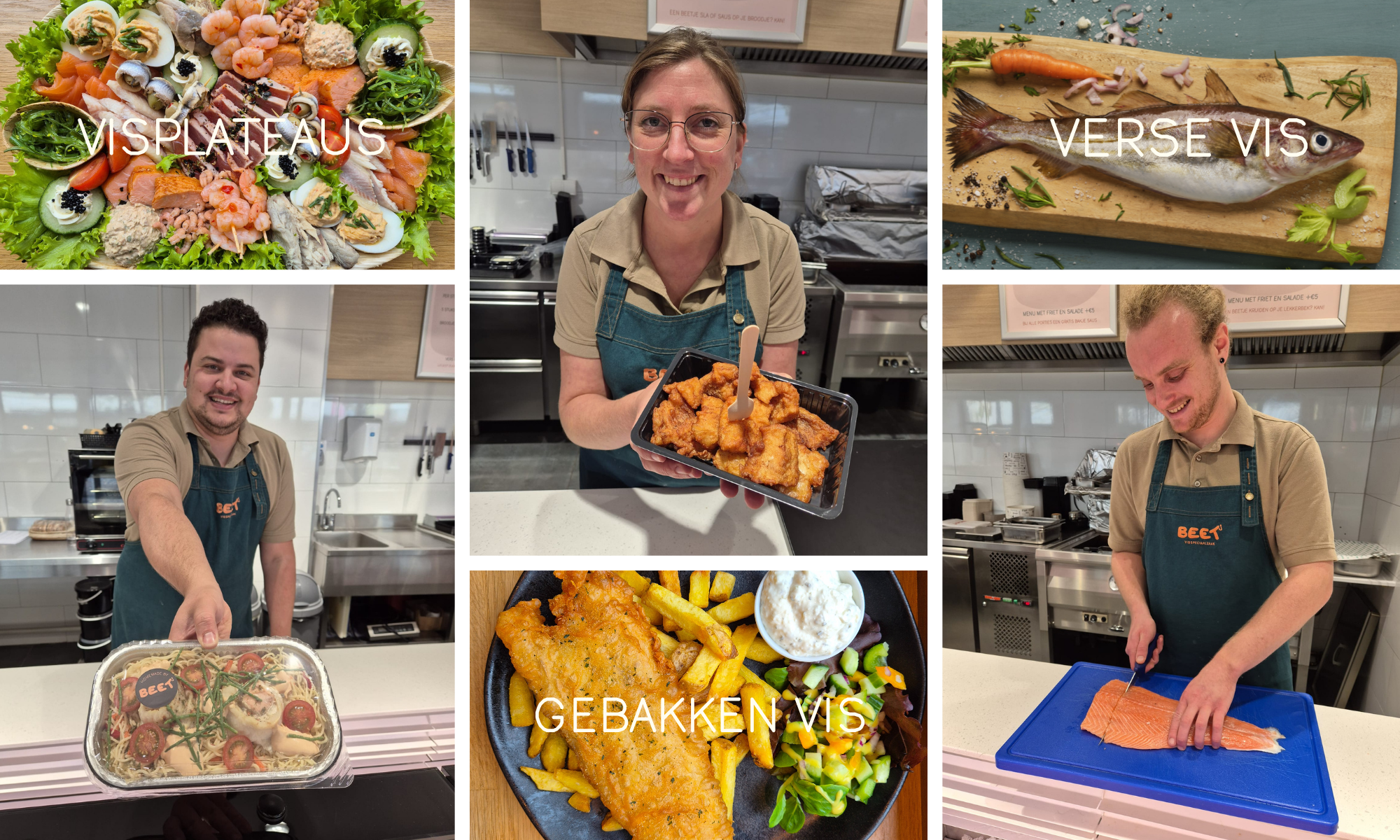 Verschillende gerechten met vis, mensen die visfilets snijden en gerechten met verse en gebakken vis.