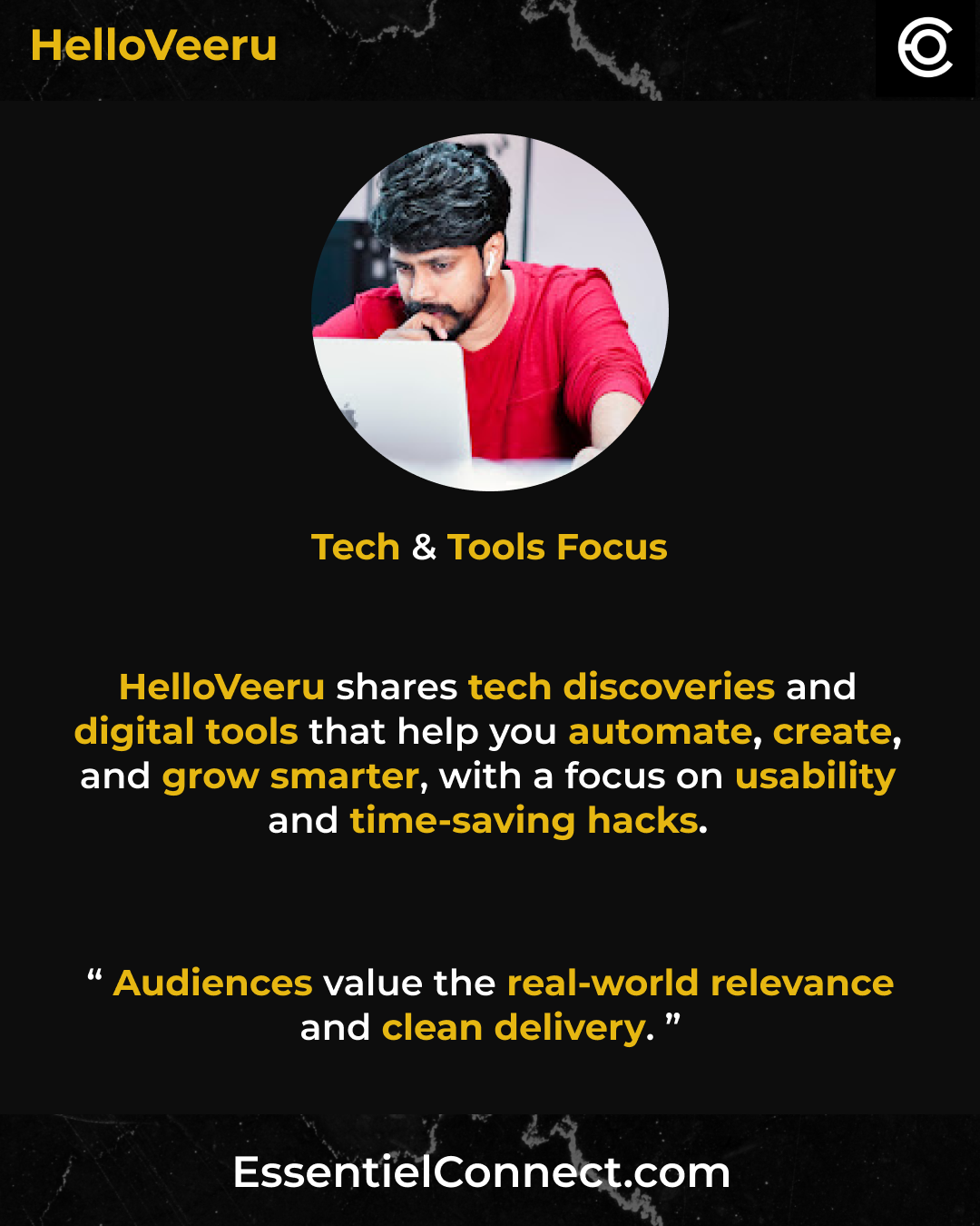 Une personne portant un t-shirt rouge regarde un ordinateur portable, avec le texte "Tech & Tools Focus" et une description de HelloVeeru sur la découverte de technologies et outils digitaux pour automatiser, créer, et devenir plus intelligent, avec
