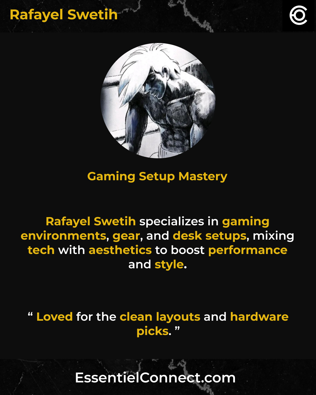 Profil sur un fond noir avec une illustration en monochrome d'un personnage de dessin animé avec des cheveux longs et une musculature, et texte en jaune décrivant son expertise dans l'environnement gaming, l'équipement et le style.