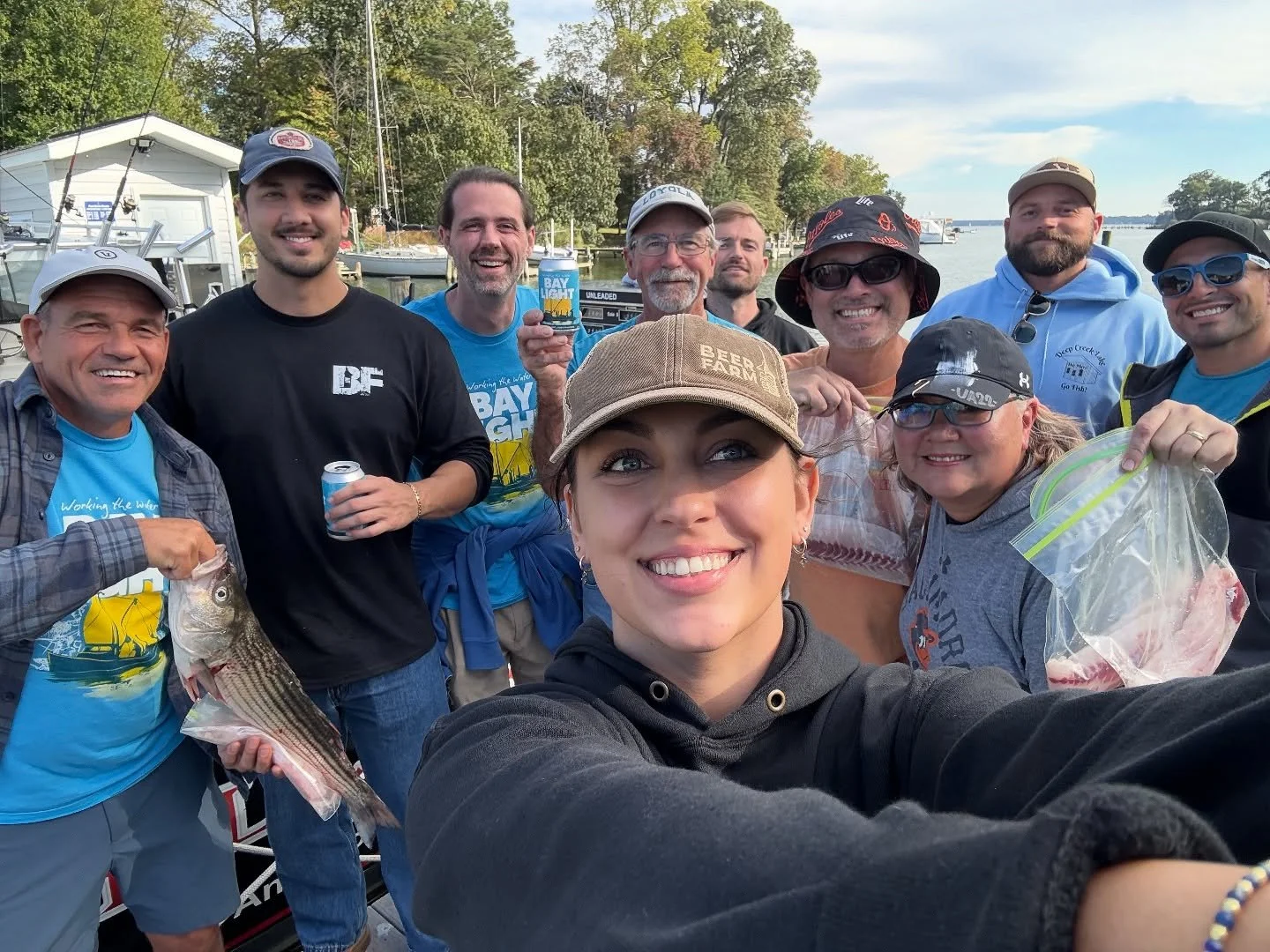 Team day on the Bay 🎣 Perfect weather, ice-cold Bay Light, and plenty of rockfish 🍻 Big thanks to Captain Randy Dean for a great fishing trip! More fun on the way! #BayLight #DrinkLocal