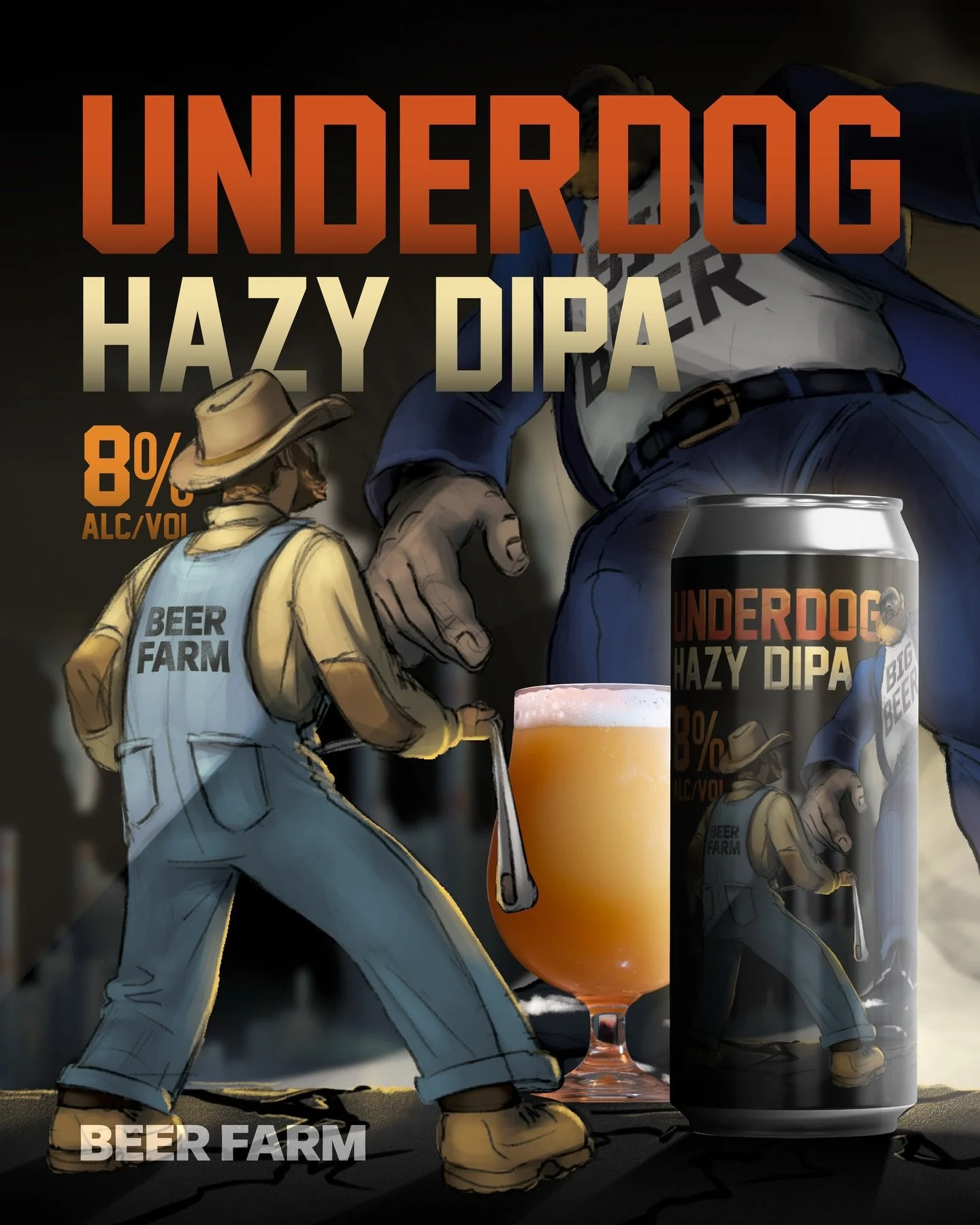 Underdog is here 🥊 Beer Farm&rsquo;s newest Hazy Double IPA is ready to take down the big guys 🍻 Brewed with Nectaron, Elani, and Galaxy hops, this 8% DIPA brings a medium body with bold notes of citrus, pineapple, and passionfruit 🍍 Support craft