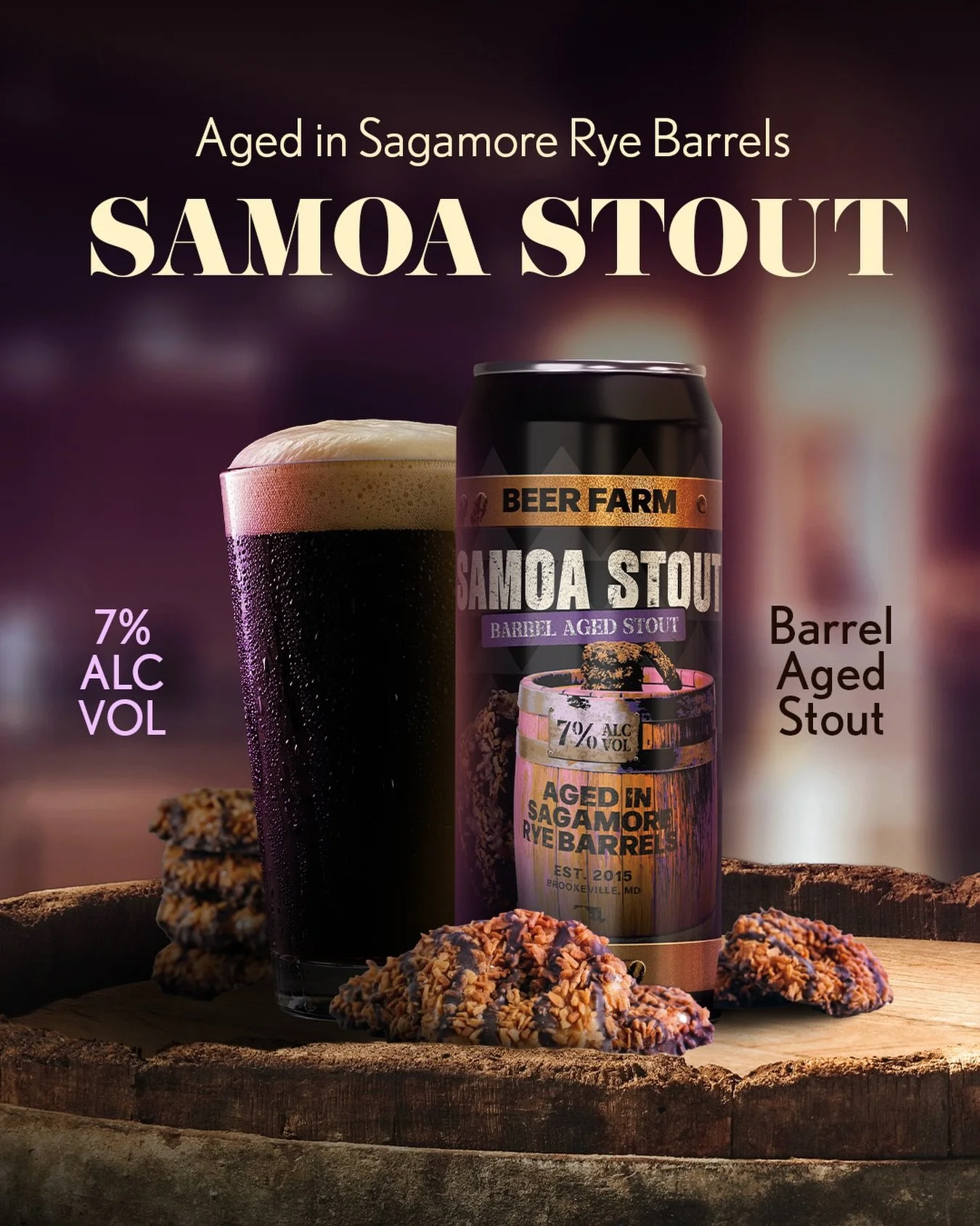 Samoa Stout is Beer Farm&rsquo;s newest release 🥥 A barrel aged stout layered with caramel, coconut, and rich chocolate, aged for a full year in Sagamore Rye barrels for notes of warm spice and subtle oak 🍫 Smooth, full bodied, and luxuriously bala