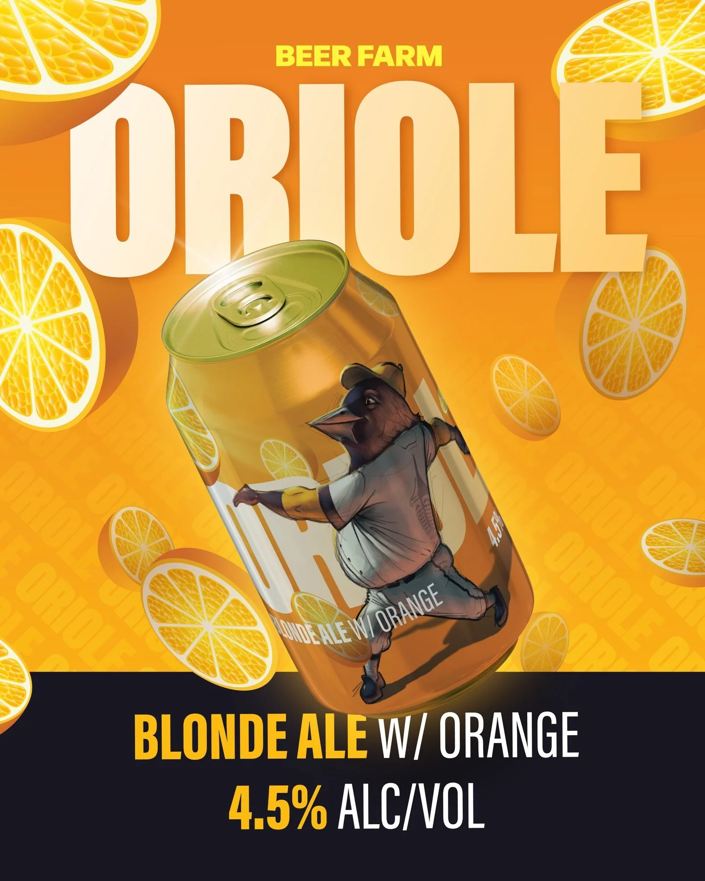 Oriole is back with a new look 🤩 This Blonde Ale is fermented on orange zest for a light citrus character 🍊 Smooth wheat notes and a silky finish make it a fan favorite this time of year! Add Oriole to your lineup today 🍻 #Oriole #BeerFarm #BeerFa