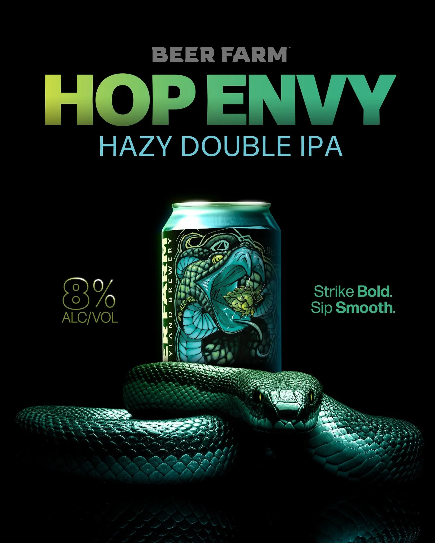Hop Envy 🐍 Our core Hazy DIPA is brewed to strike bold and sip smooth 🍻 Loaded with Galaxy, Citra, and Mosaic hops for a wave of tropical fruits like guava, mango, and pear all the way through 🌿 Give Hop Envy a try! #BeerFarm #BeerFarmDistro #Drin