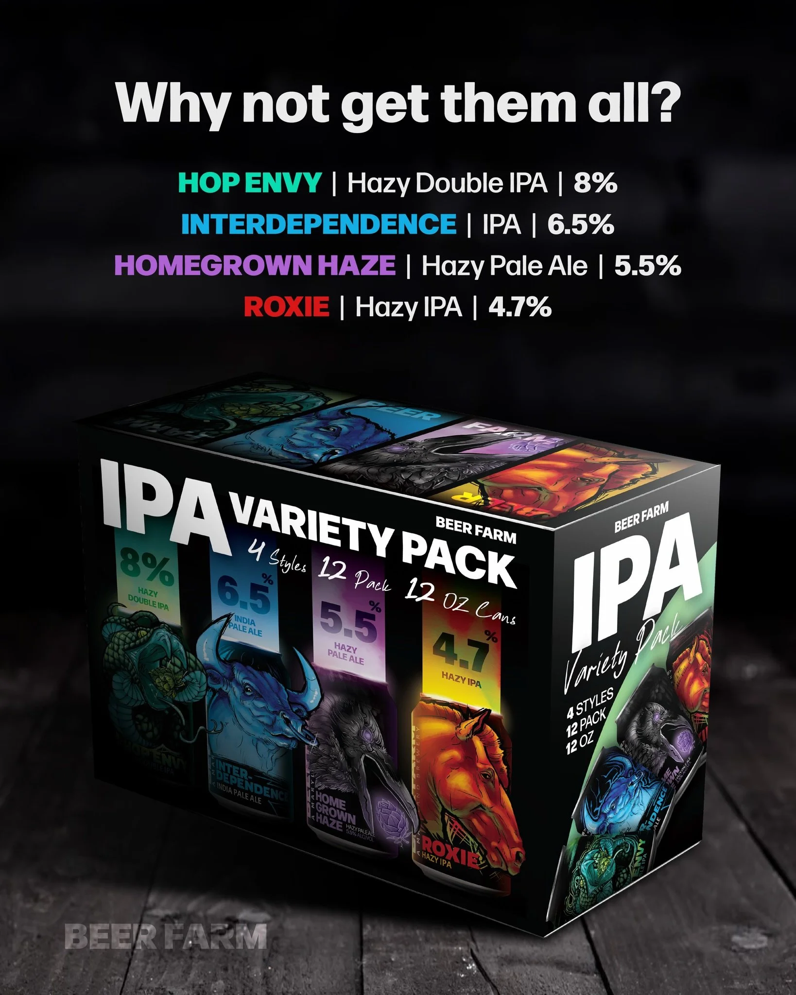 Why not get them all? 🔥 The Beer Farm IPA Variety Pack brings together Hop Envy, Interdependence, Homegrown Haze, and Roxie in one easy 12 pack 🍻 Stay stocked by reaching out to your Beer Farm sales rep 💪 Cheers! 🍻 #BeerFarm #CraftBeer #DrinkLoca
