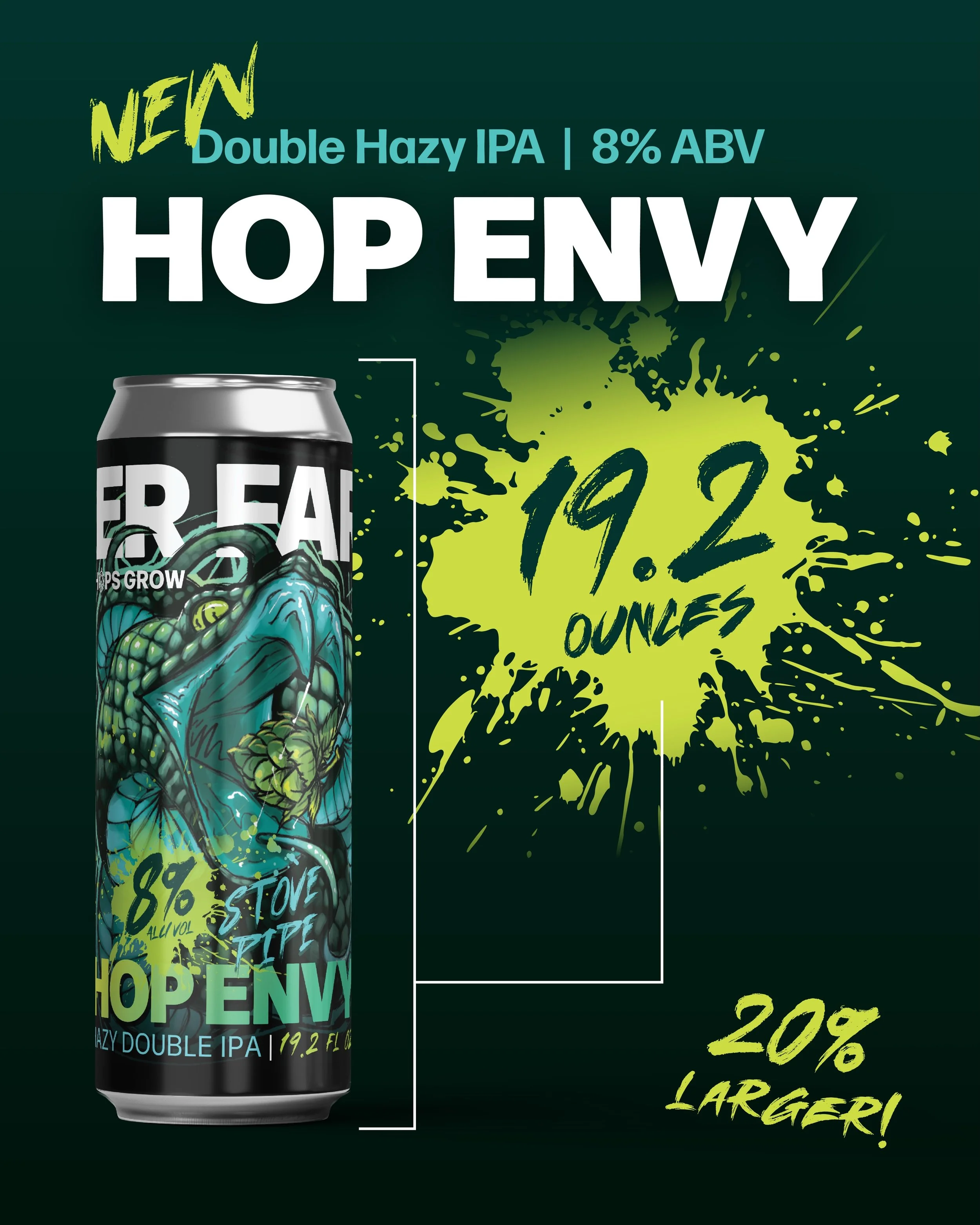 Hop Envy just got bigger 🐍 Our core Hazy DIPA is now available in 19.2 oz cans - that&rsquo;s 20% more of the juicy goodness you know and love 🤩 Expect a robust tropical fruit aroma, pillowy mouthfeel, and notes of guava, mango, and pear on the fin