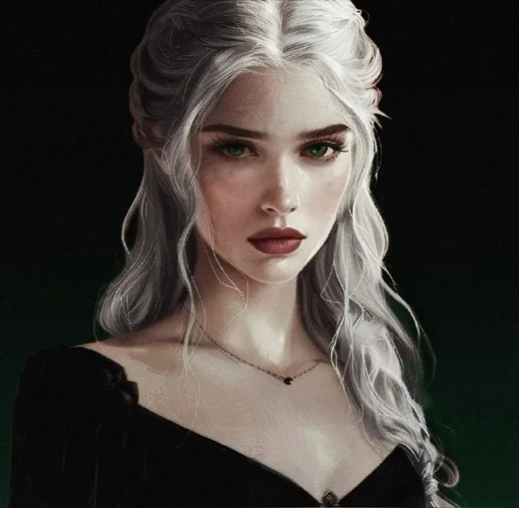 Portrait of a woman with long, wavy silver hair and piercing green eyes, wearing dark makeup and a black off-shoulder top, against a dark background.