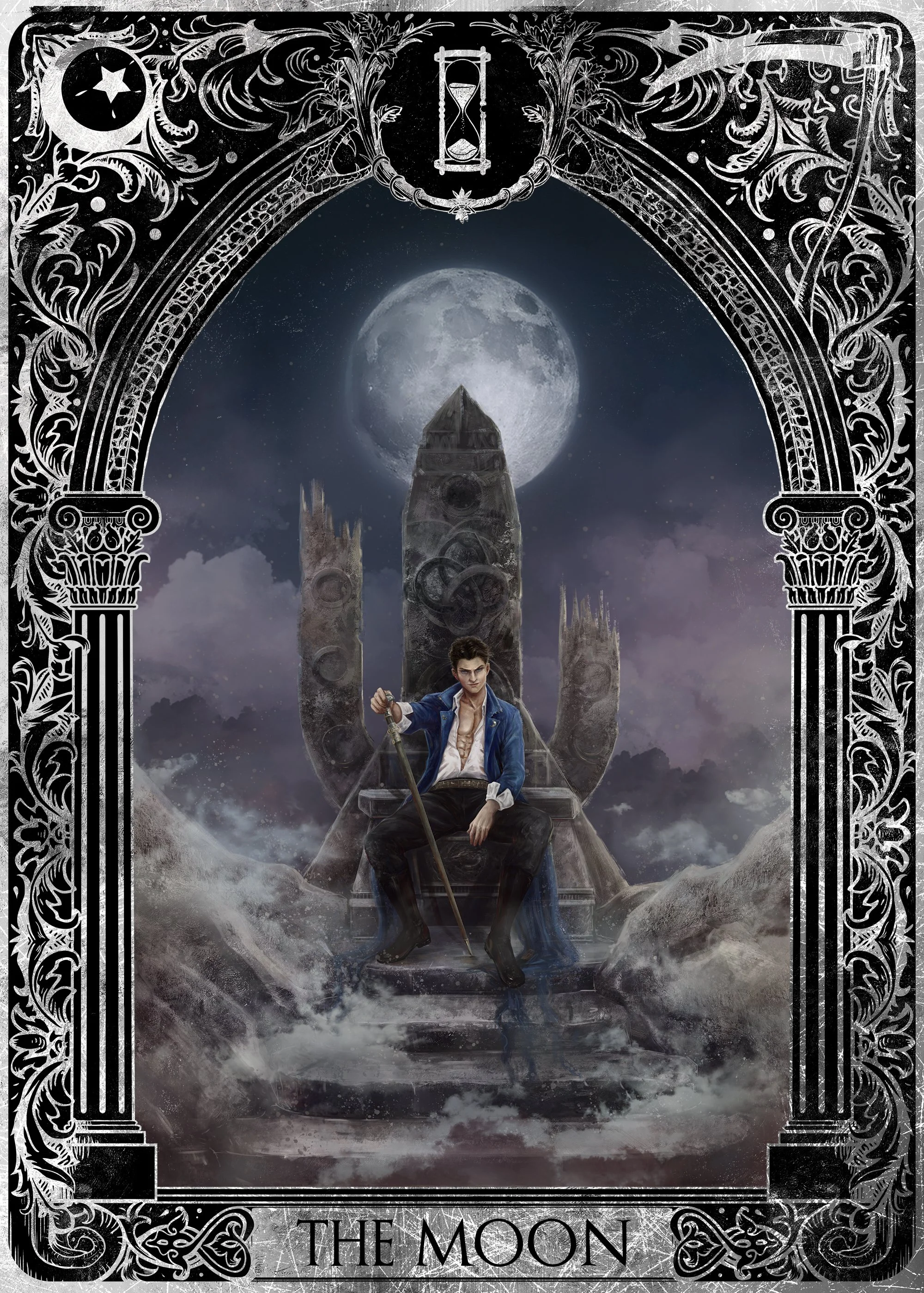 A tarot card titled "The Moon" featuring a woman sitting on a throne with a sword, set against a backdrop of large moon, clouds, and ruins, framed with intricate black and white decorative borders.