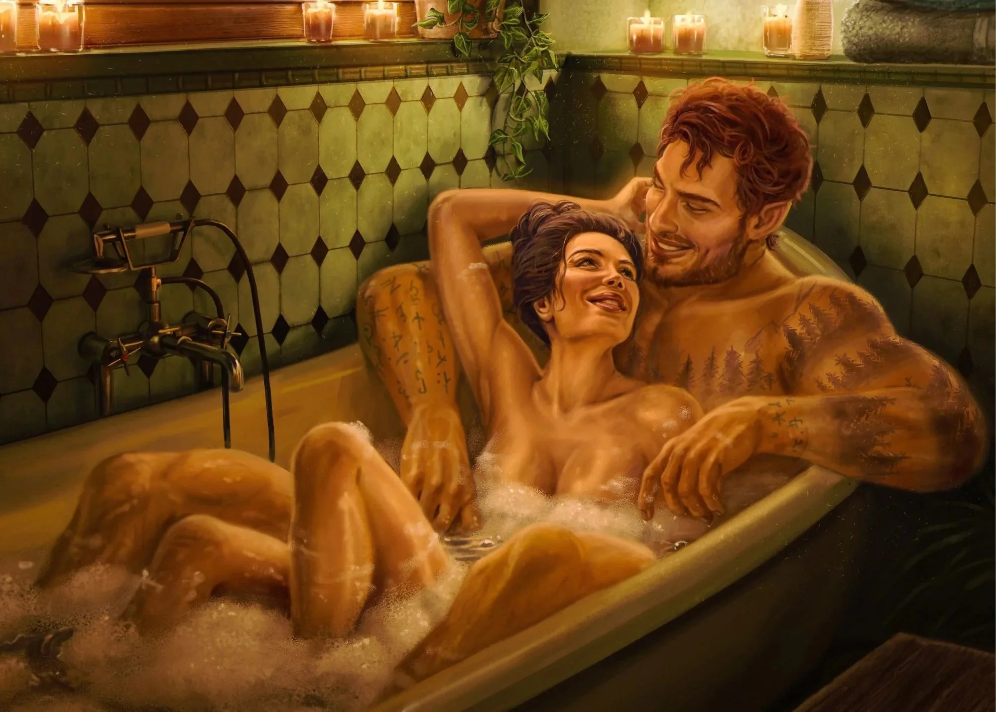 A man and woman are relaxing and smiling in a bathtub filled with water and bubbles. The woman has dark curly hair and tattoos on her arm, and the man has red curly hair and tattoos on his arm. There are candles and plants on a shelf above them, crea