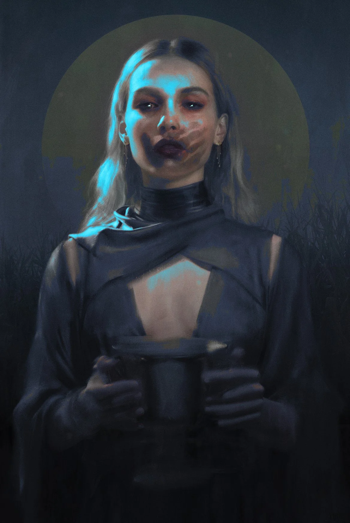 A woman with long hair, wearing dark clothing and earrings, holding a cane, standing in front of a dark background with a glowing blue halo-like circle behind her.