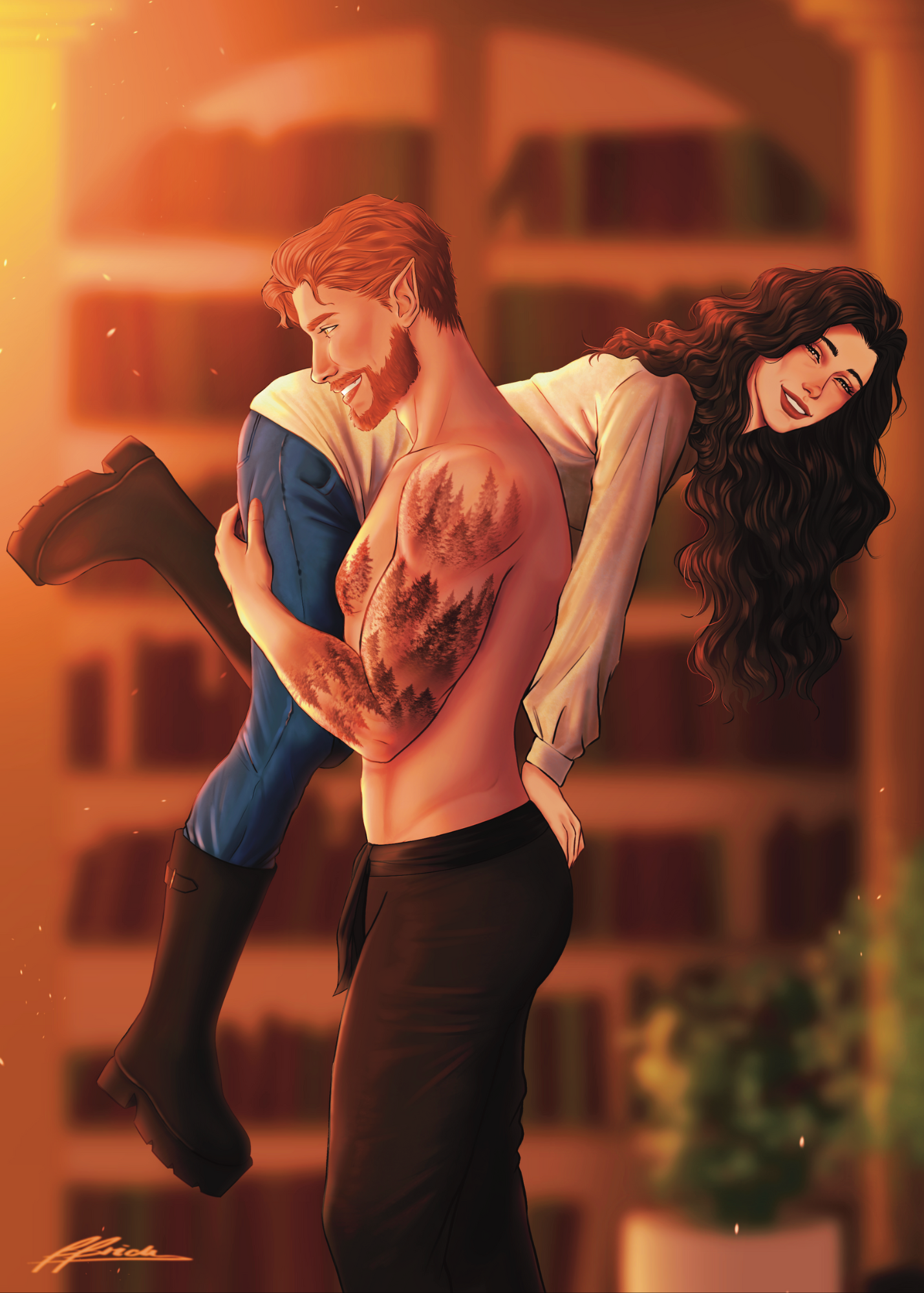 A fantasy illustration of a smiling man with pointed elf ears, leaning on a woman with long wavy dark hair, in a warmly lit room with bookshelves in the background.