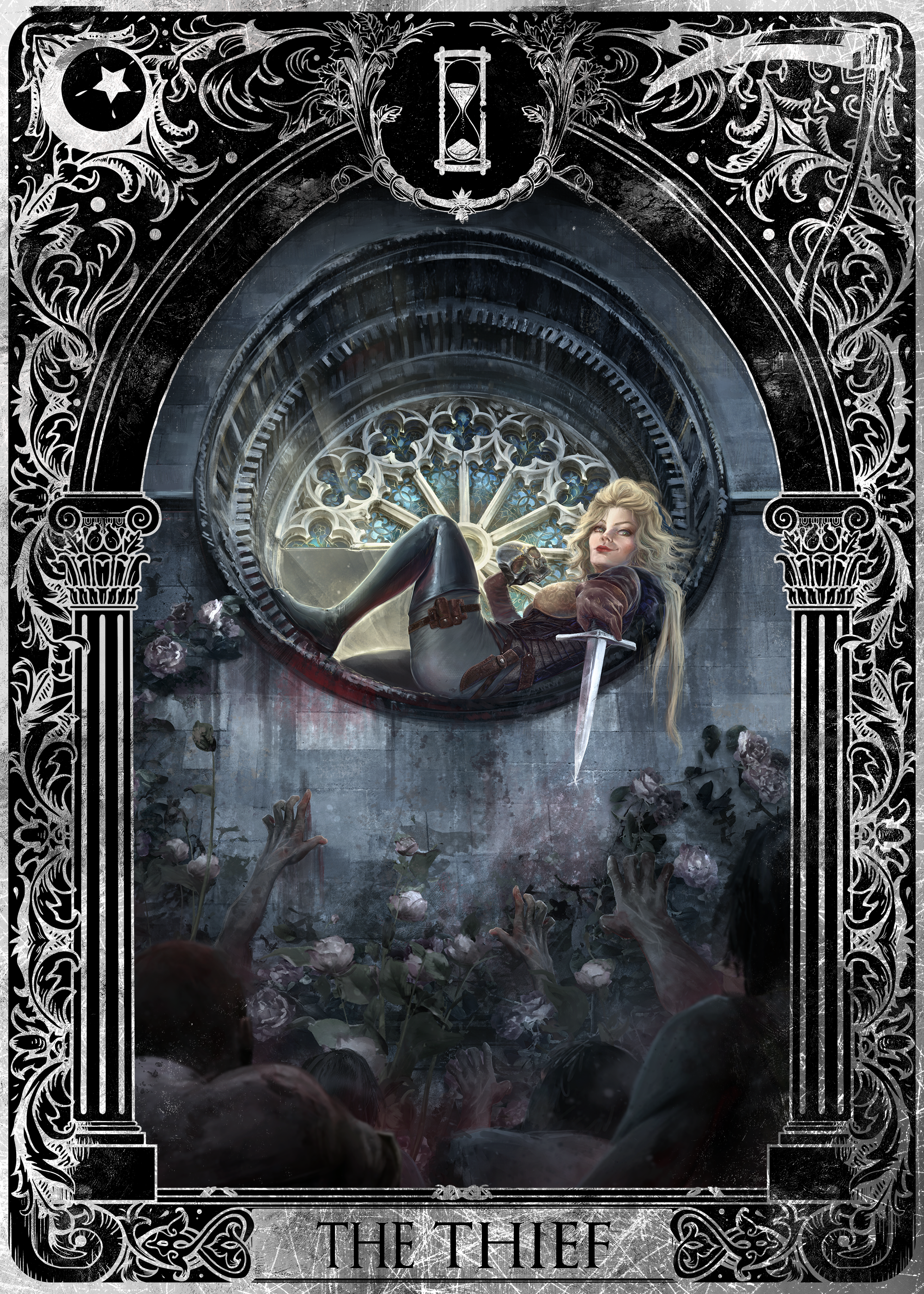 A tarot card titled 'The Three' features a gothic illustration of a woman with long blonde hair, lying on her side with a confident expression, a sword by her side, and hands reaching up from below. The background includes a large arched window with 