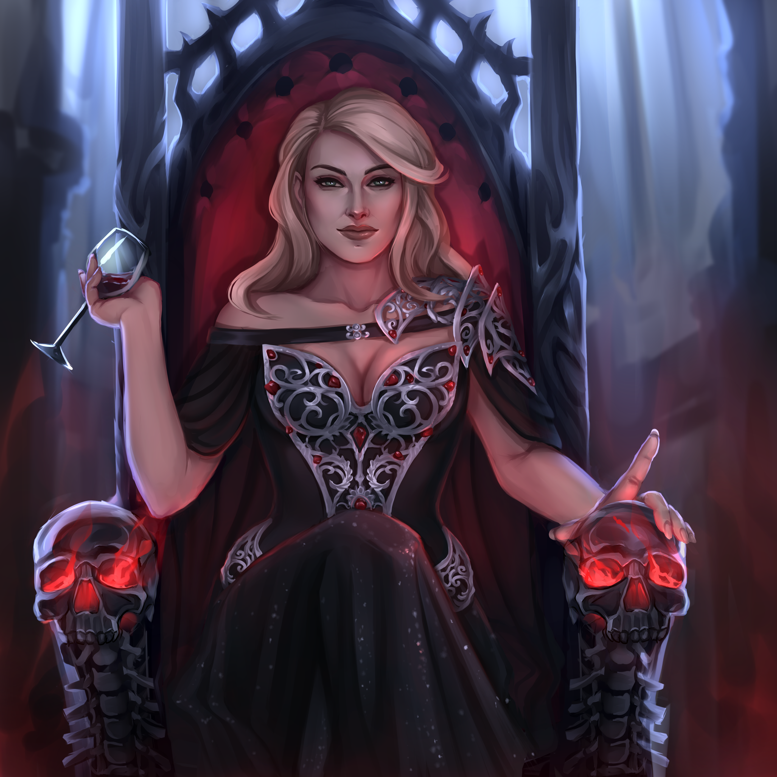 Digital painting of a woman with blonde hair, dark makeup, and green eyes sitting on a throne with a black and red design. She is holding a glass of red wine in her right hand and has a confident expression. The throne has a crown-like black spiked a