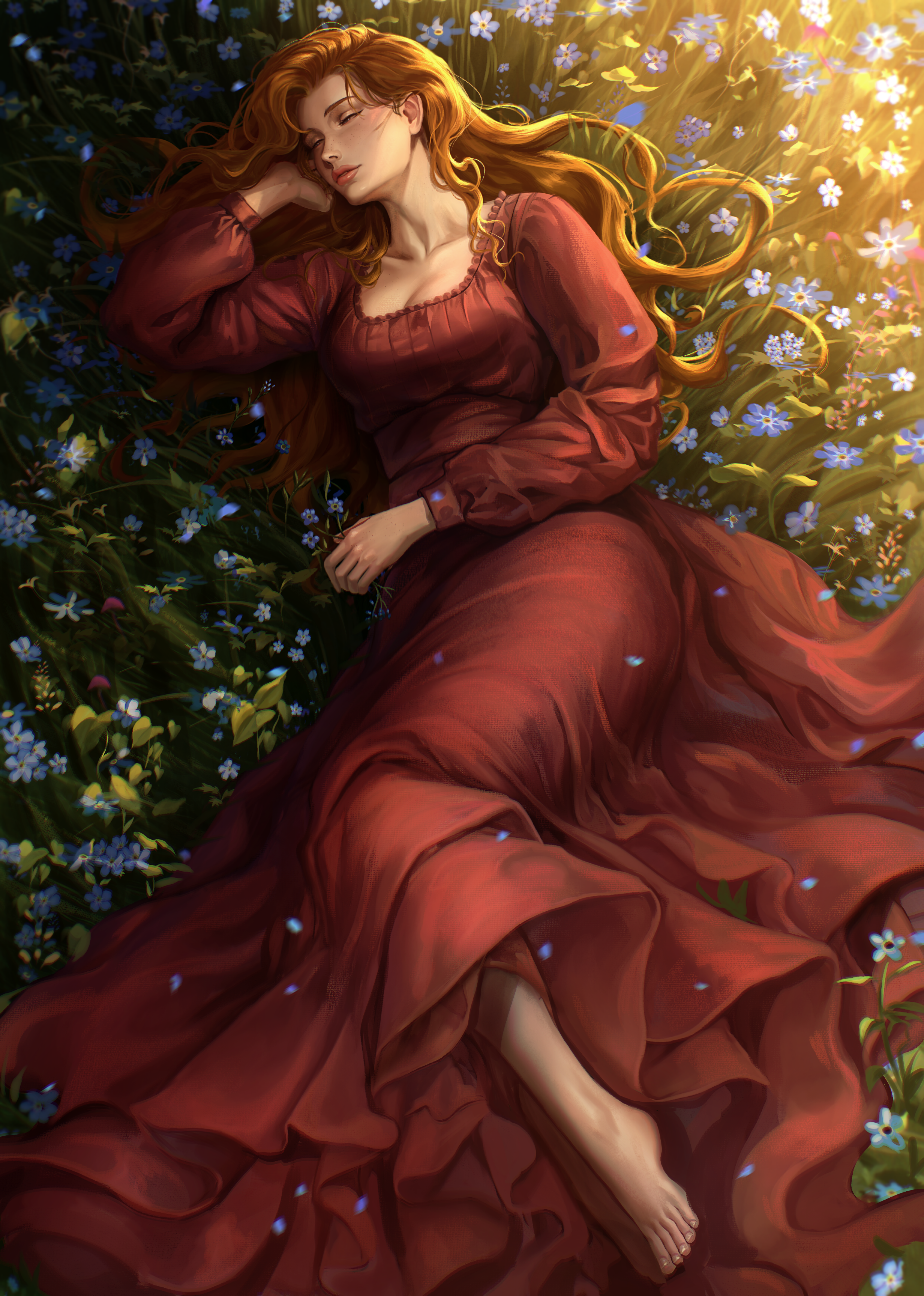 A woman with long red hair lying on a bed of blue and purple flowers, wearing a long, flowy red dress, with her eyes closed and one arm resting behind her head, bathed in warm sunlight.