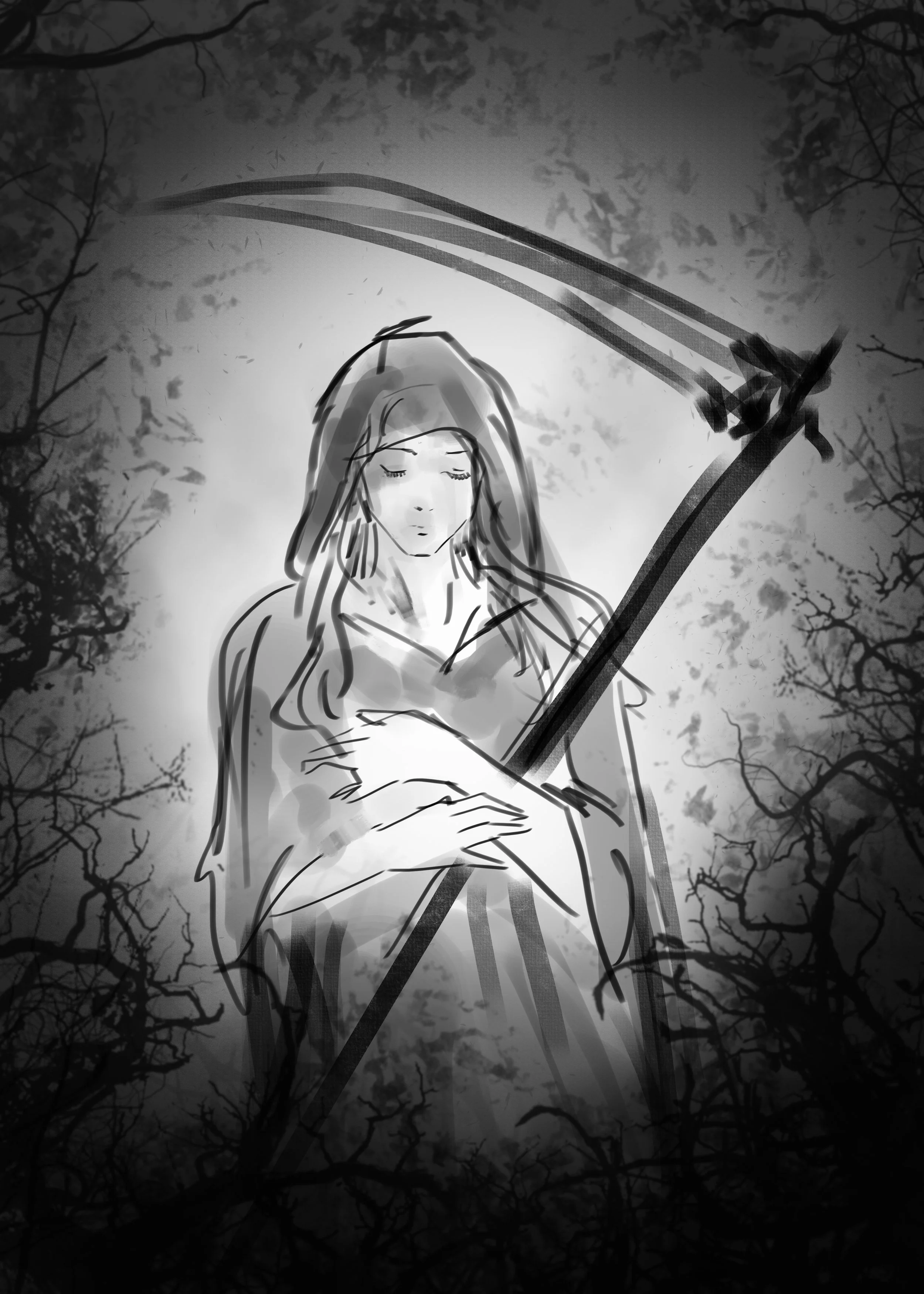 Drawing of a young woman with long hair and closed eyes holding her hands in front of her chest, surrounded by a dark, leafless tree outline and a large scythe in the background, all depicted in grayscale.