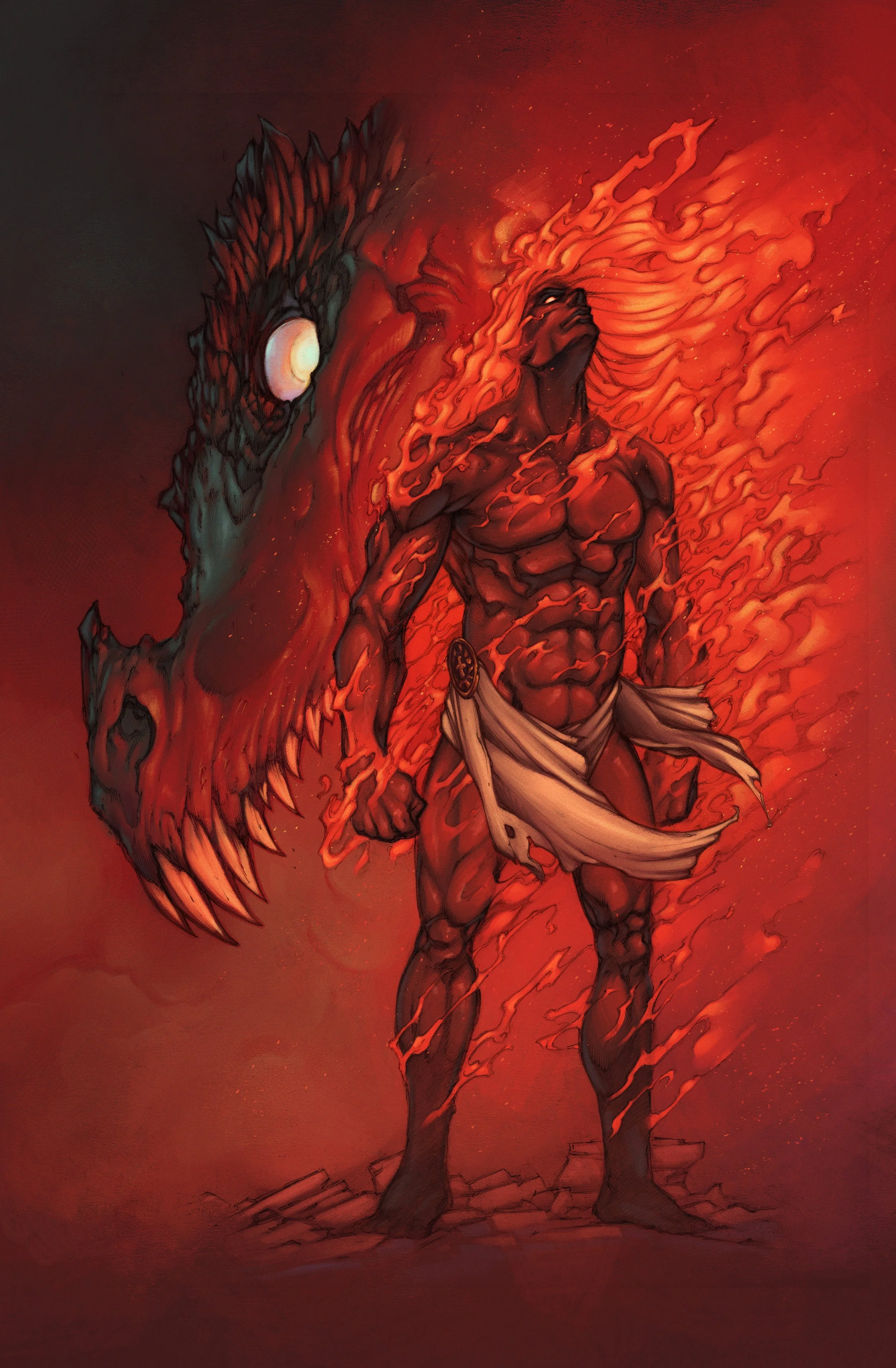 A digital artwork of a muscular man with flowing hair surrounded by flames, standing upright with one fist clenched. Behind him is a large, menacing creature with a dragon-like appearance and a glowing eye.