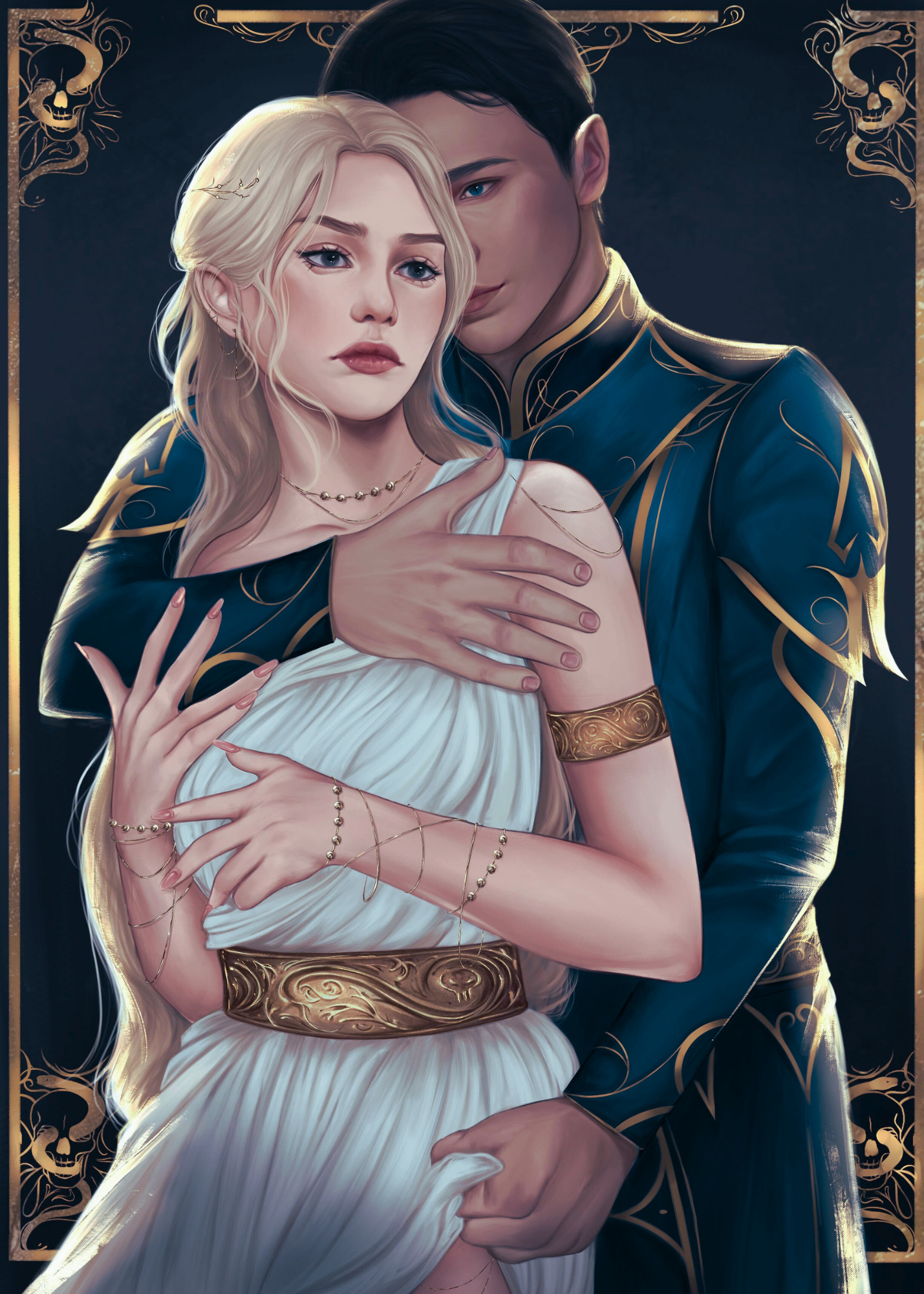 A digital painting of a man and woman in elegant clothing, standing close together. The woman has long blonde hair, wears a white dress, and various gold jewelry. The man has dark hair, blue eyes, and is dressed in dark attire with gold accents. They