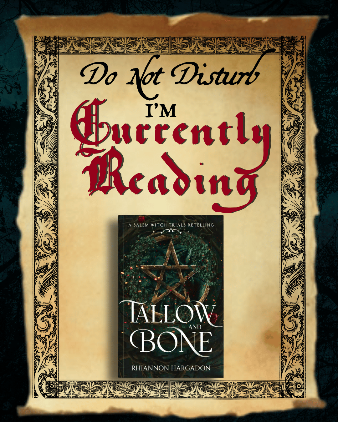 A parchment scroll with decorative borders and the words "Do Not Disturb" and "I’m Currently Reading" in ornate fonts. The book cover for "Tallow and Bone" by Rhiannon Hargadon is displayed in the center.