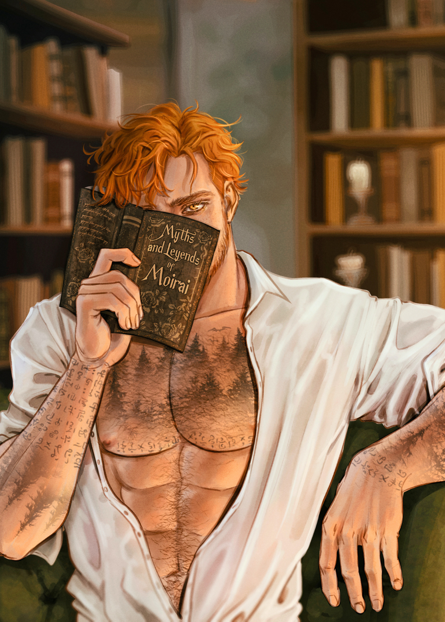 A young man with red hair and tattoos on his arms and chest, partially unbuttoned white shirt, holding a book titled "Myths and Legends of Moirai" in front of his face in a library setting.