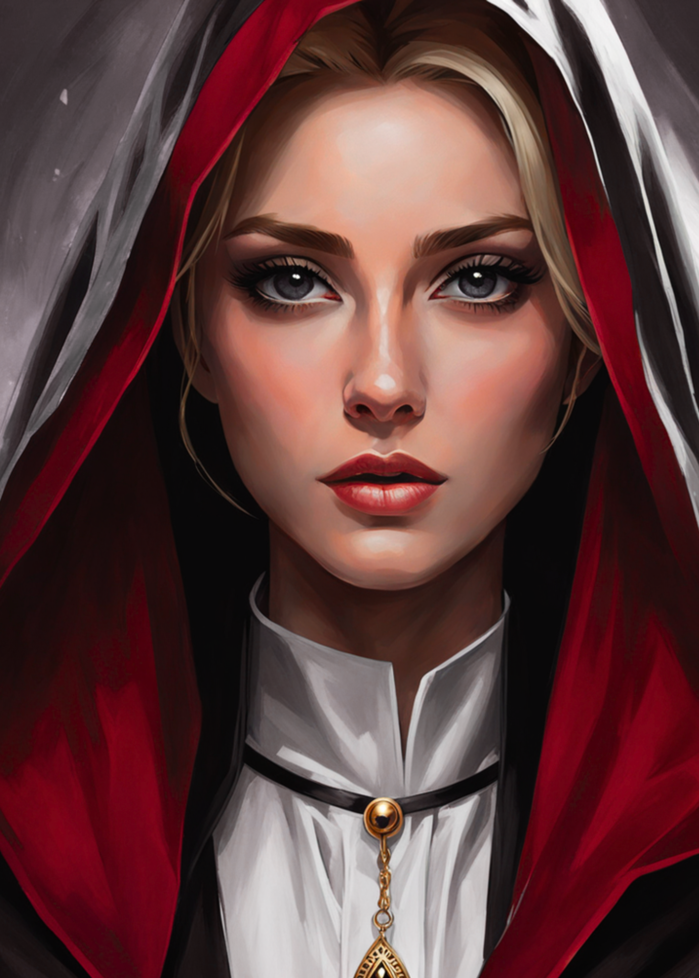A digital painting of a woman with striking blue eyes, full lips, and makeup, wearing a red hooded cloak and a white shirt with a high collar, adorned with a gold jewelry pendant.
